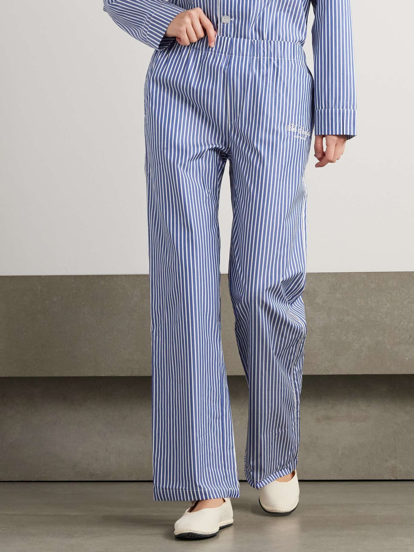 + The Carlyle embroidered striped cotton-poplin pajama pants Blue - 2
