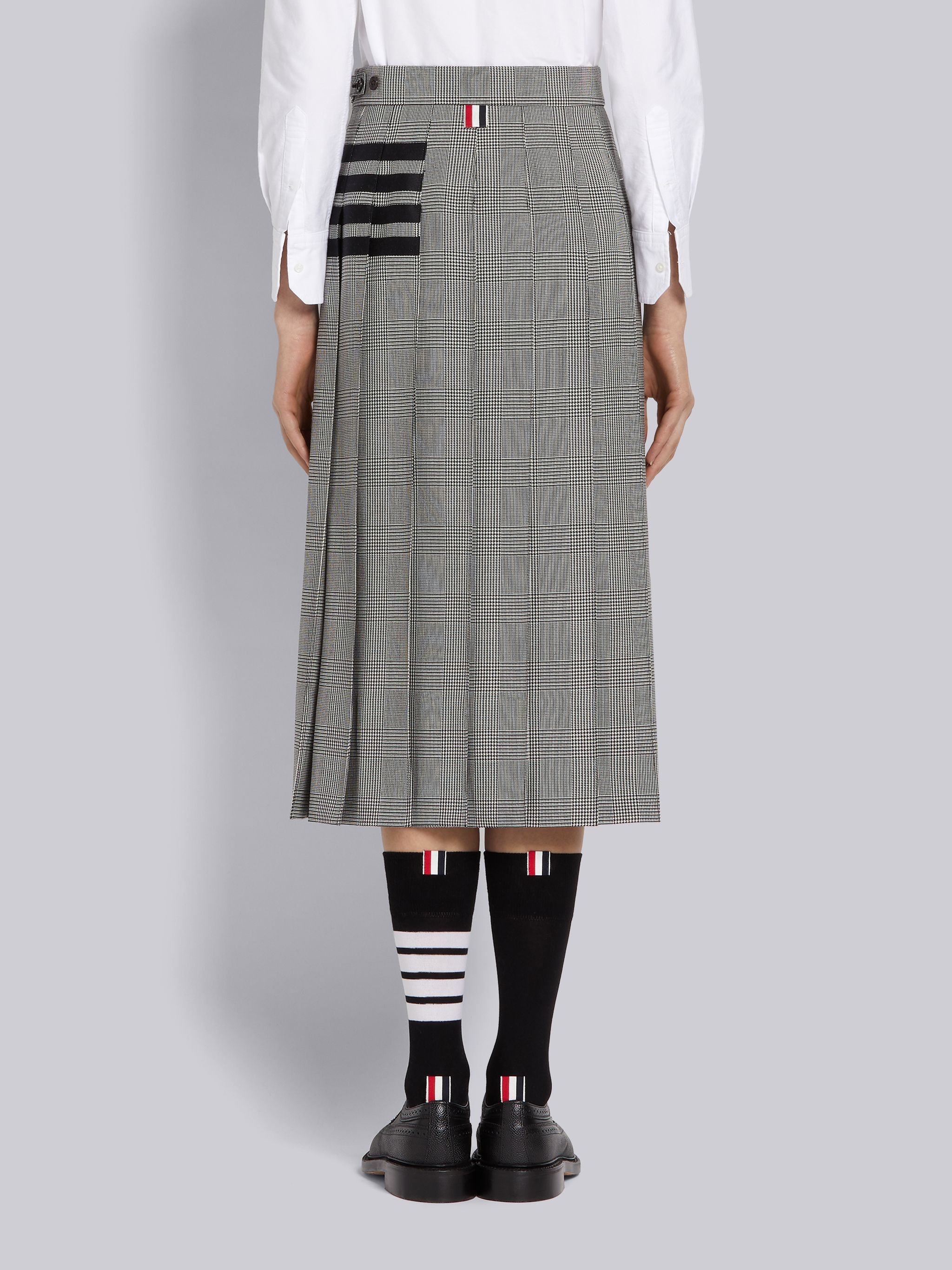 Black and White Heavy Wool Engineered 4-bar Dropped Back Pleated Below-the-knee Skirt - 3