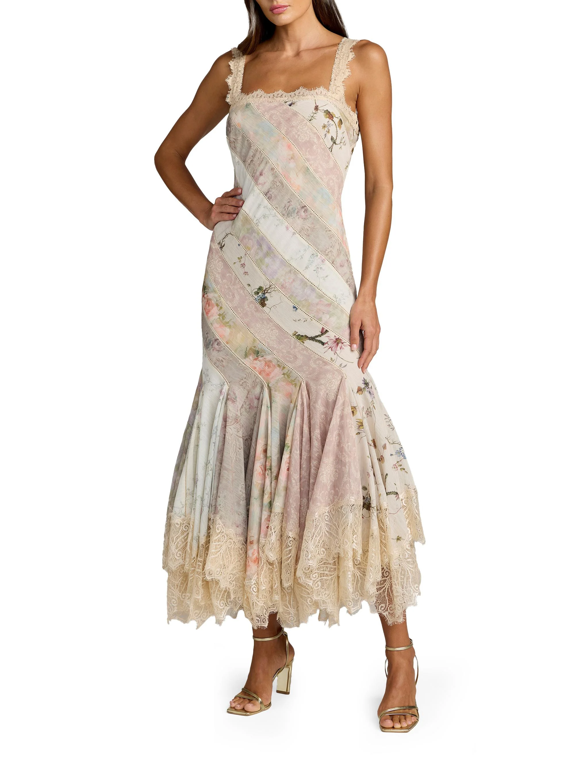 Women's Floral Patchwork Chiffon Handkerchief-Hem Cocktail Dress - Pastel Multi - 1