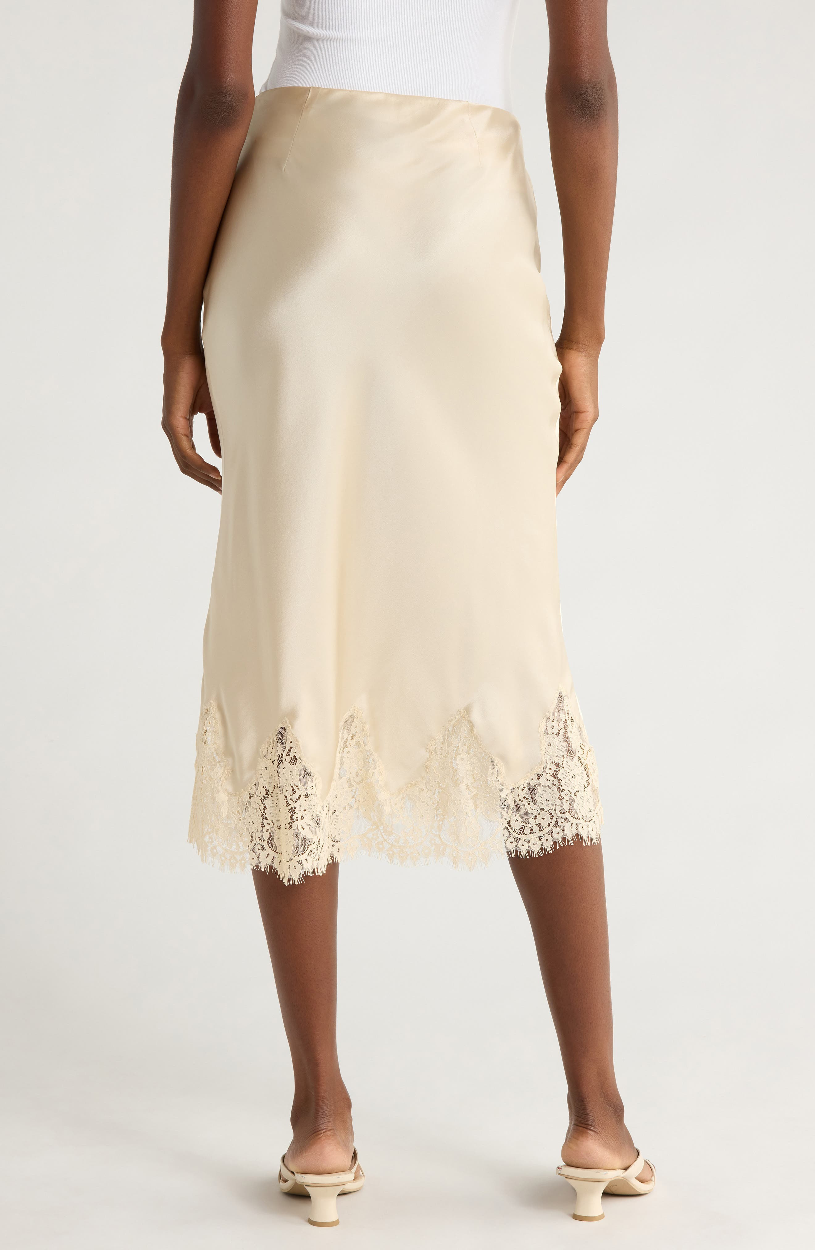 Reformation Lace Trim Silk Midi Skirt in Almond at Nordstrom - 2