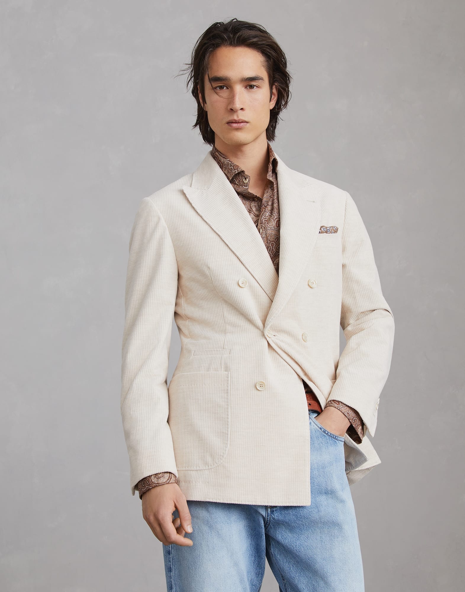 Cotton and cashmere mélange corduroy one-and-a-half breasted deconstructed blazer with patch pockets - 1