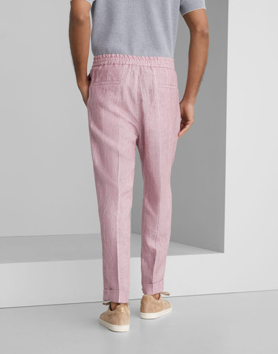 Brunello Cucinelli Linen wide chalk stripe leisure fit trousers with drawstring and double pleats outlook