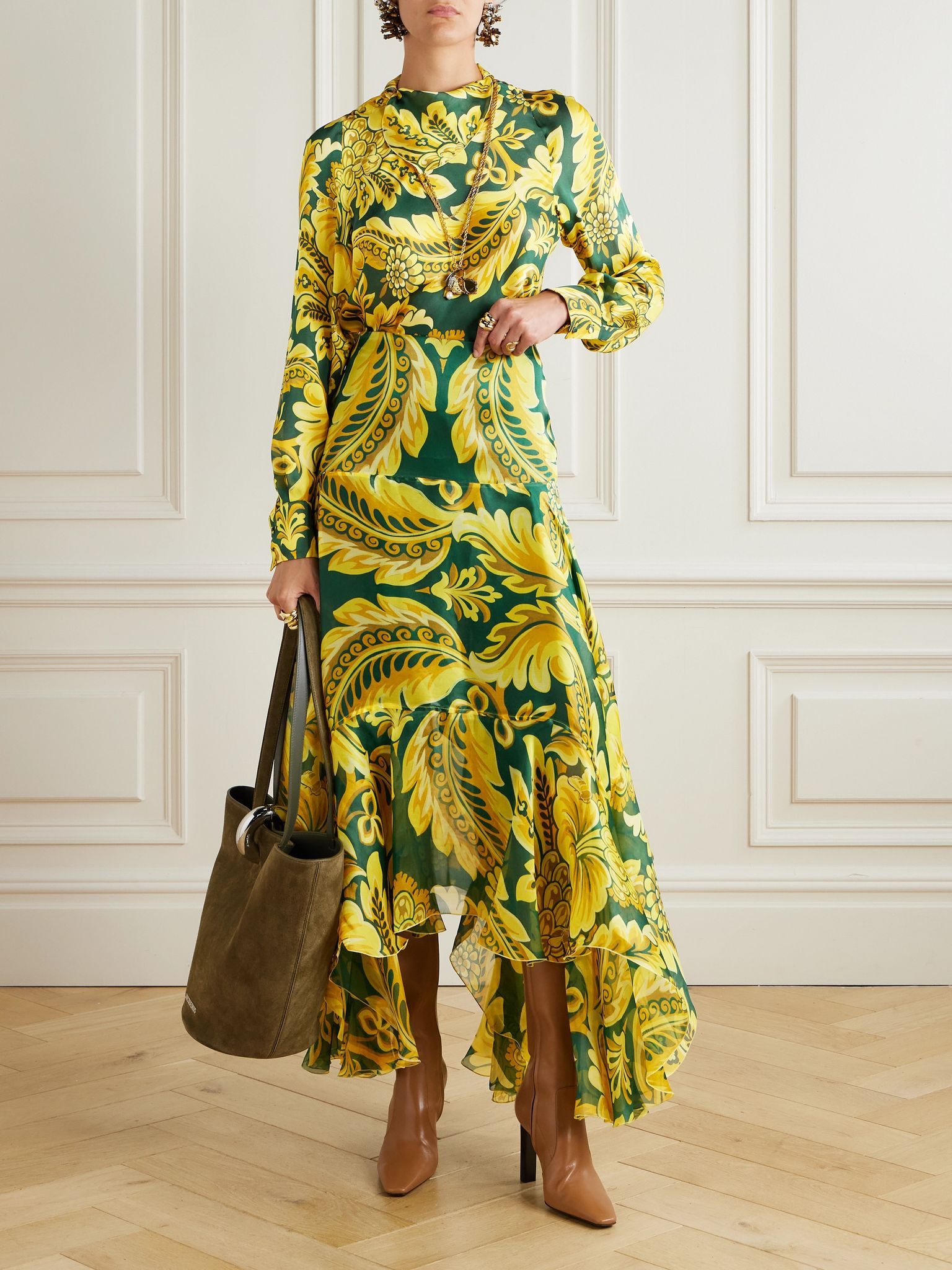 Asymmetric ruffled printed silk skirt Yellow - 2