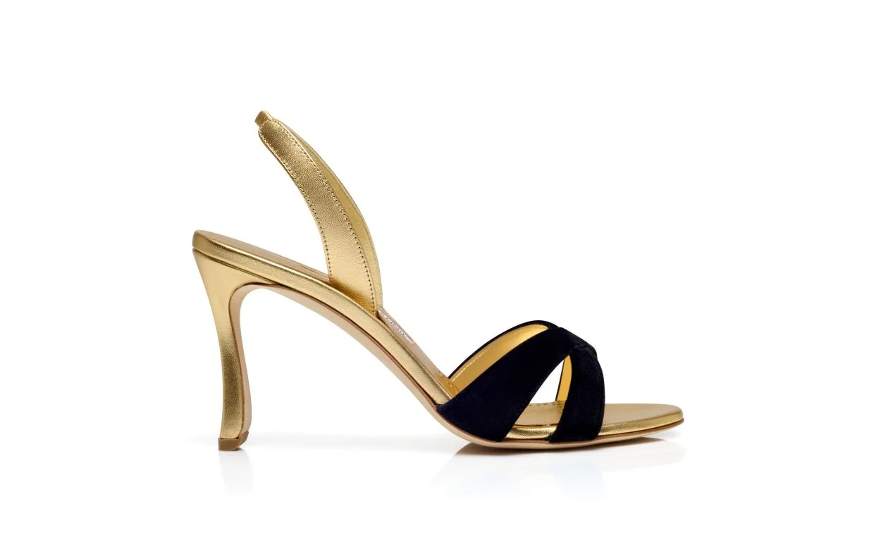 Black Velvet and Gold Slingback Sandals - 1