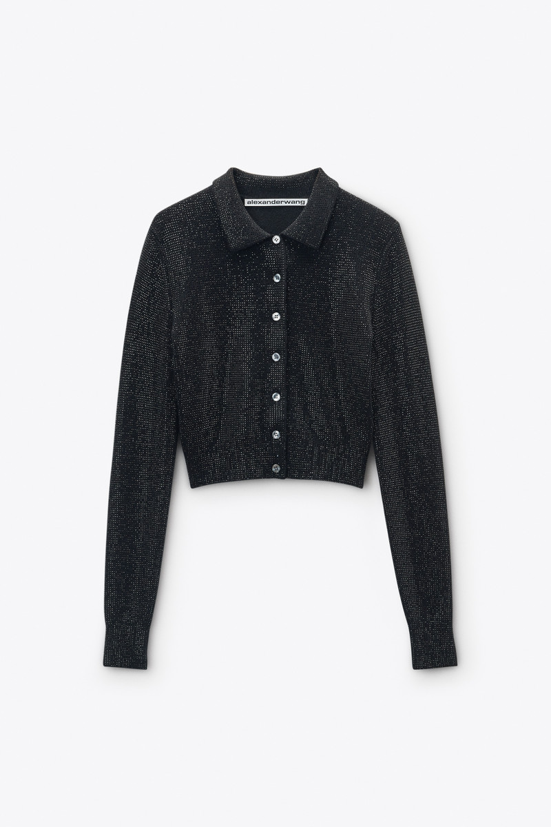 Black Wool-Blend Hotfix Polo Cardigan 1