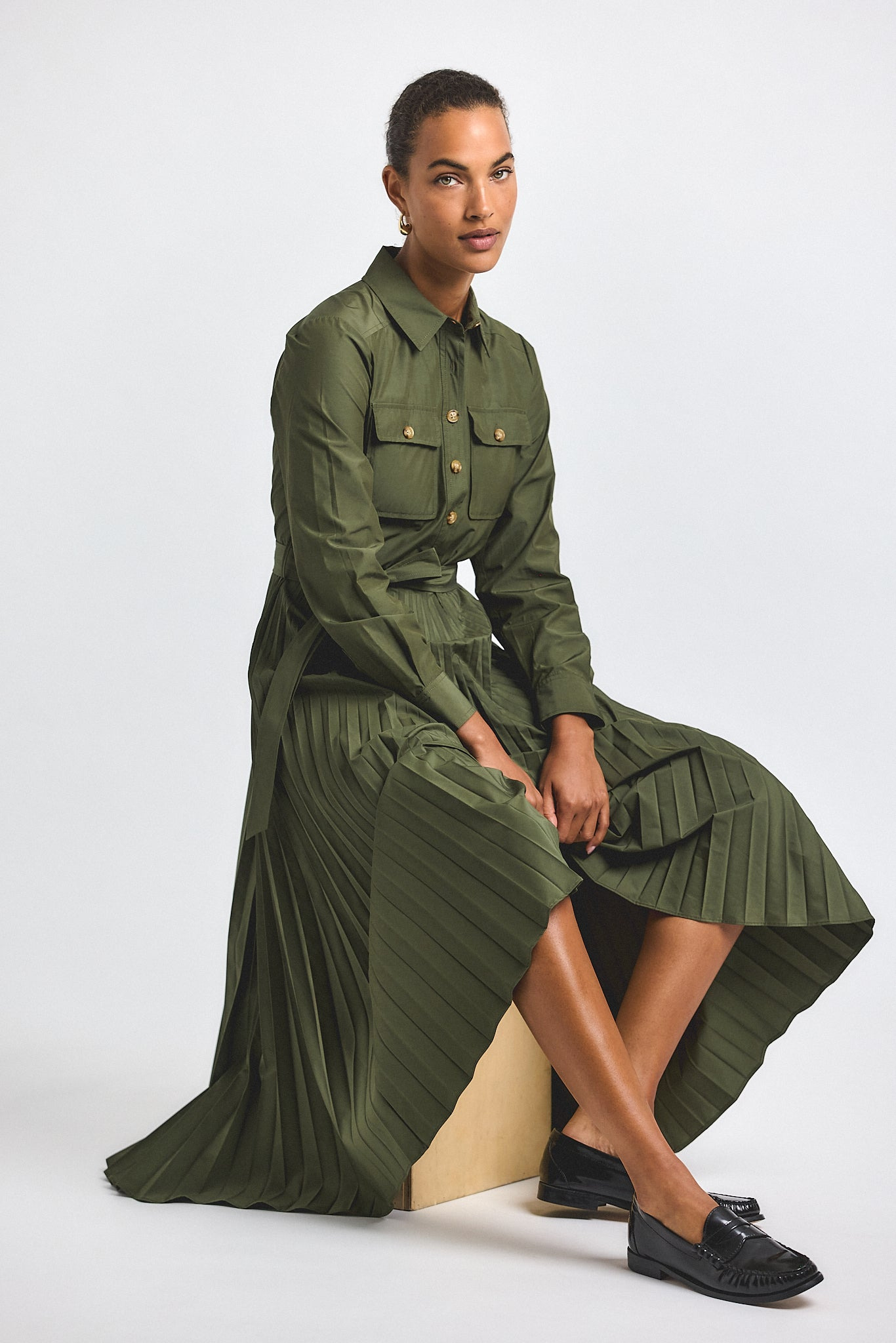 KENZA COTTON POLY POPLIN PLEATED SHIRT DRESS - 4