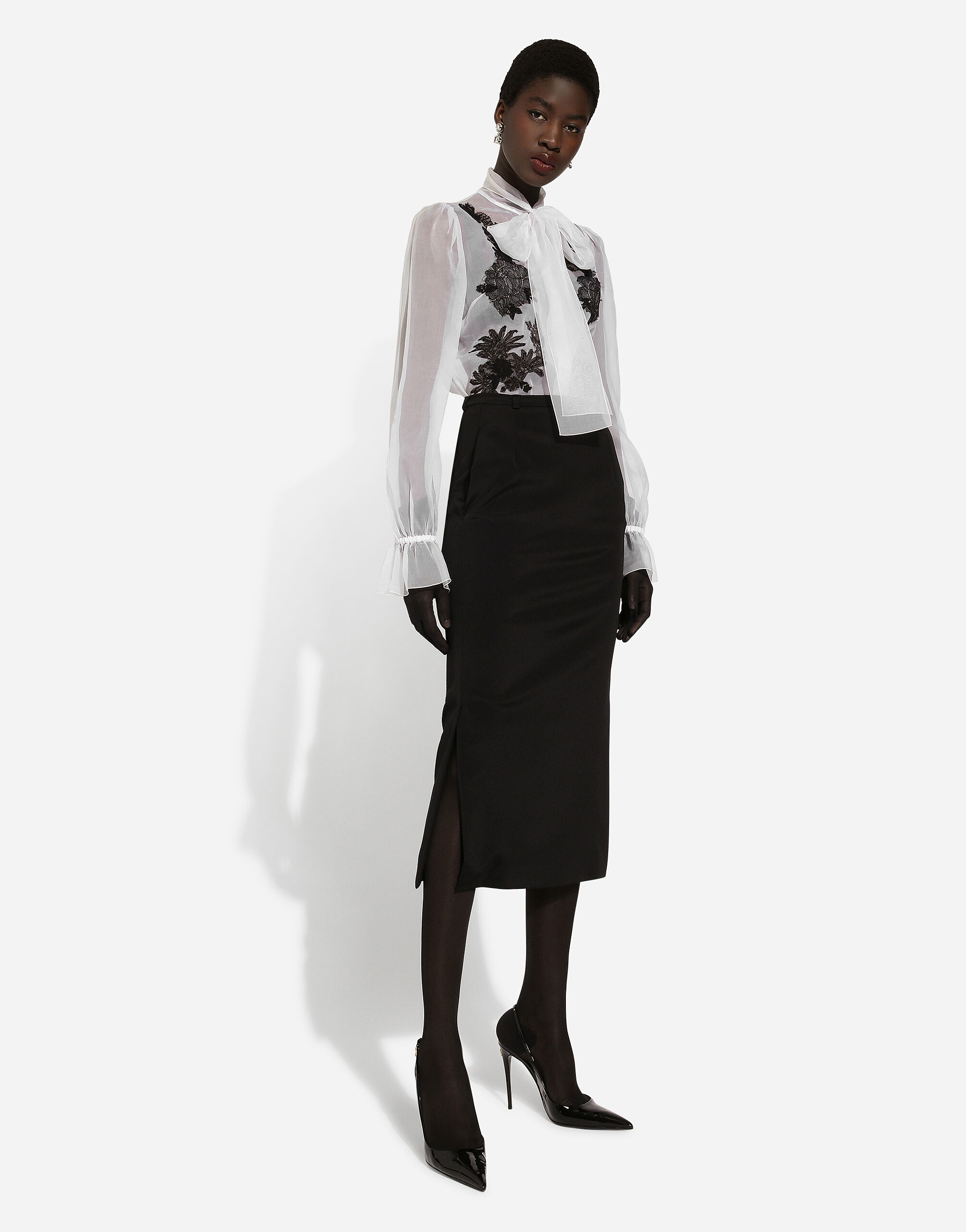 Organza pussy-bow shirt with lace appliqués - 5