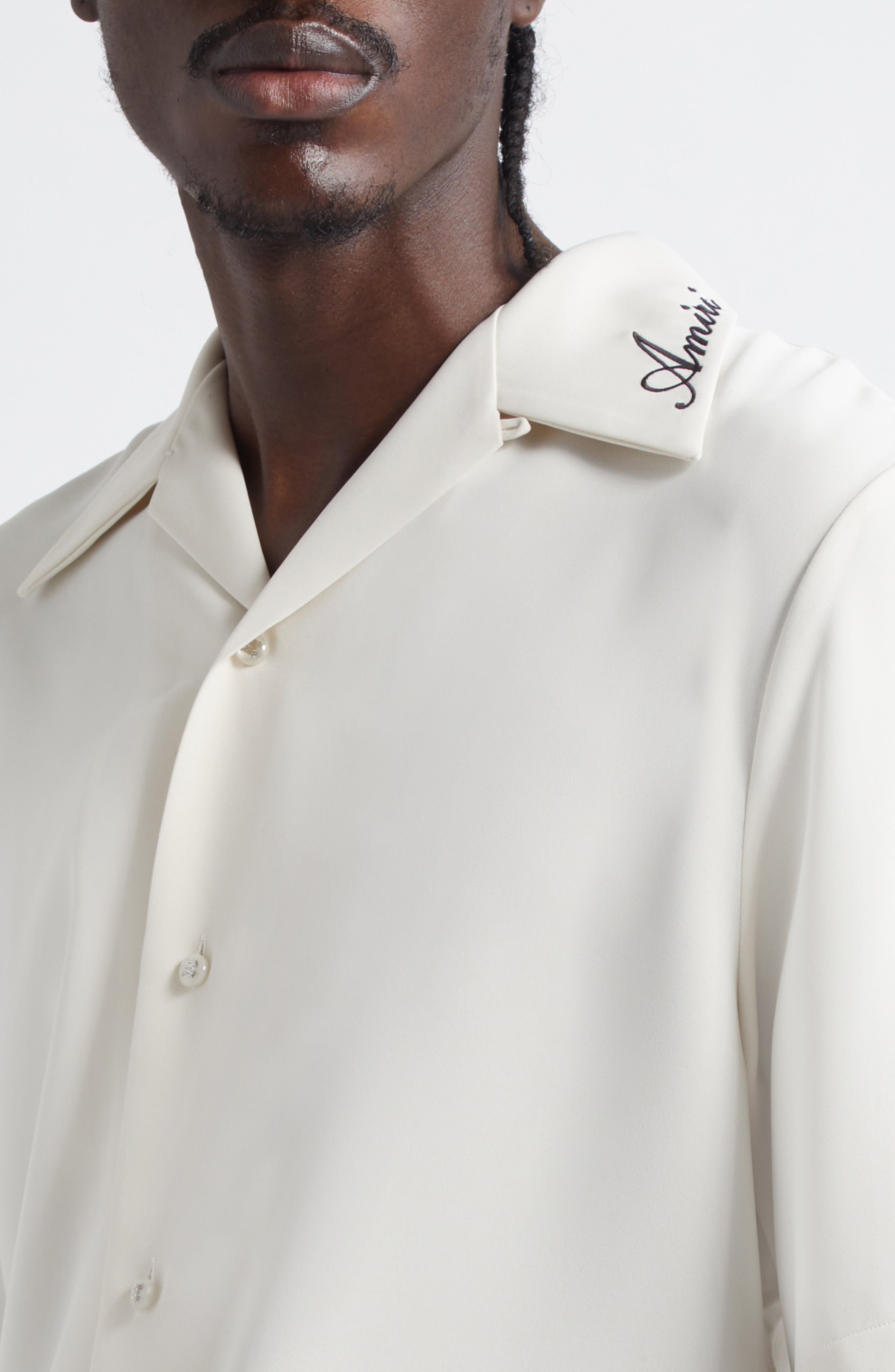 AMIRI Logo Embroidered Camp Shirt in Alabaster at Nordstrom - 4