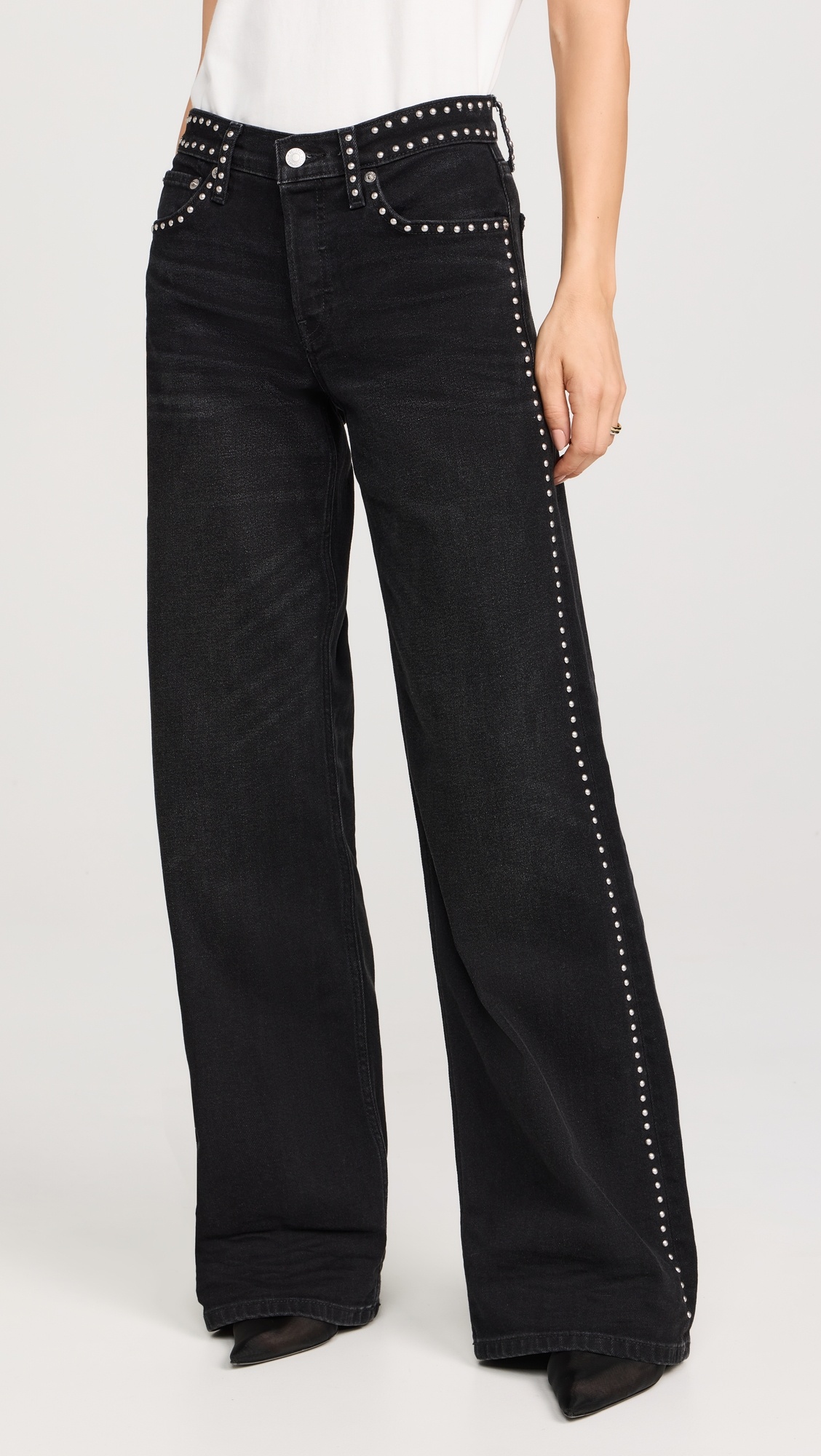 Studded Mid Rise Wide Leg Jeans - 1