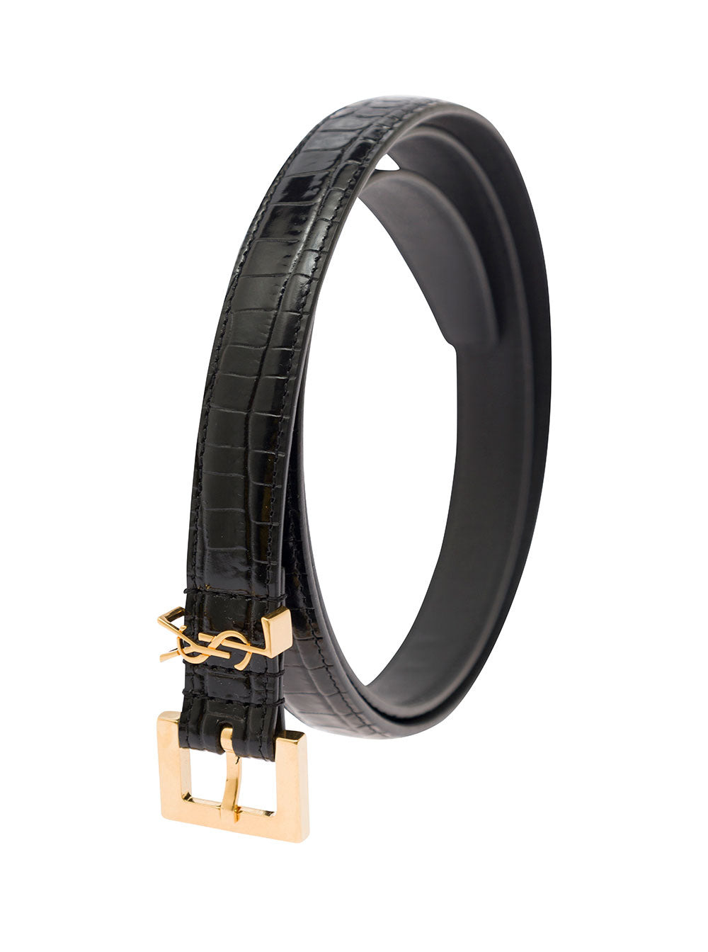 Saint Laurent Women Black Thin Belt With Square Buckle And Cassandre In Crocodile-Embossed Leather W - 2