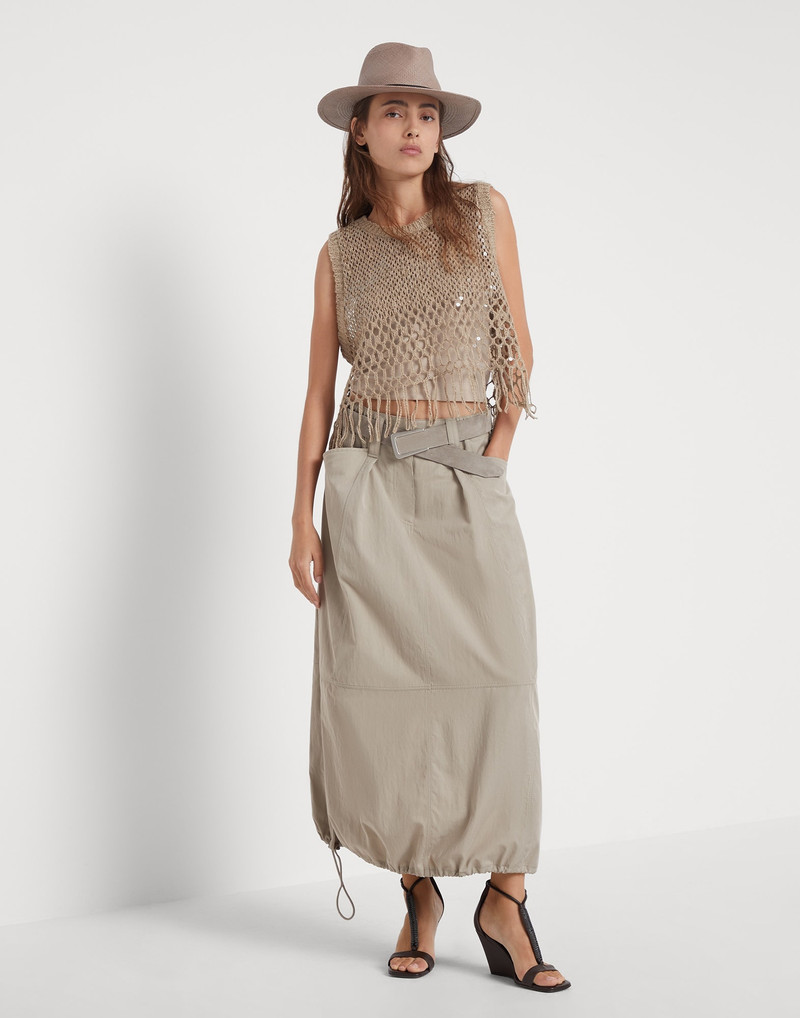Wrinkled techno cotton gabardine curved utility skirt with monili 4