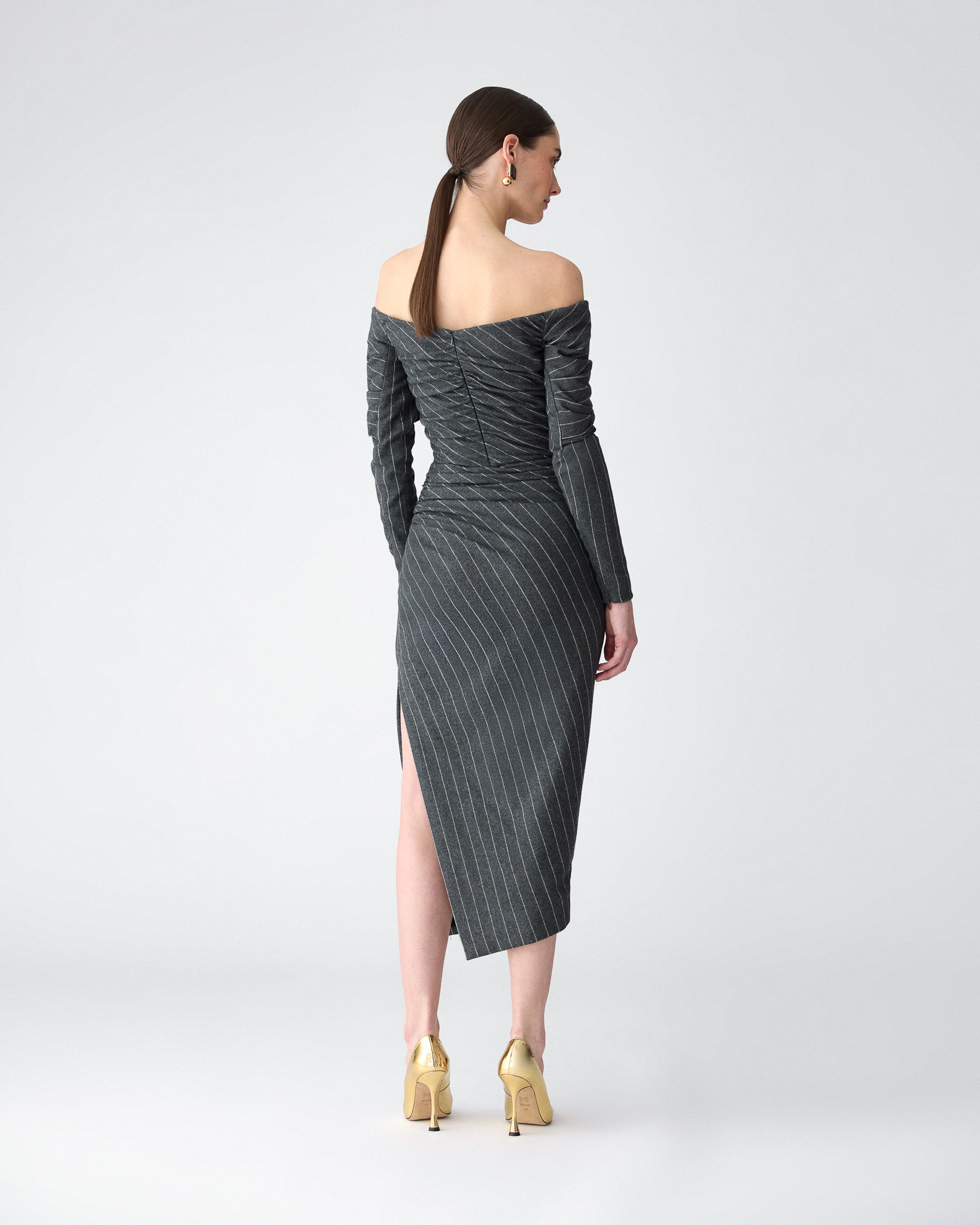 Off-Shoulder Pinstripe Midi Dress - 3