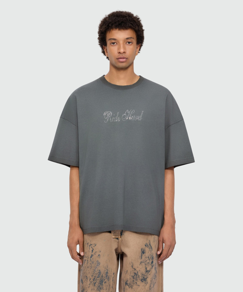 MSGM Anthracite grey short-sleeve cotton jersey T-shirt with rhinestone lettering on the front outlook