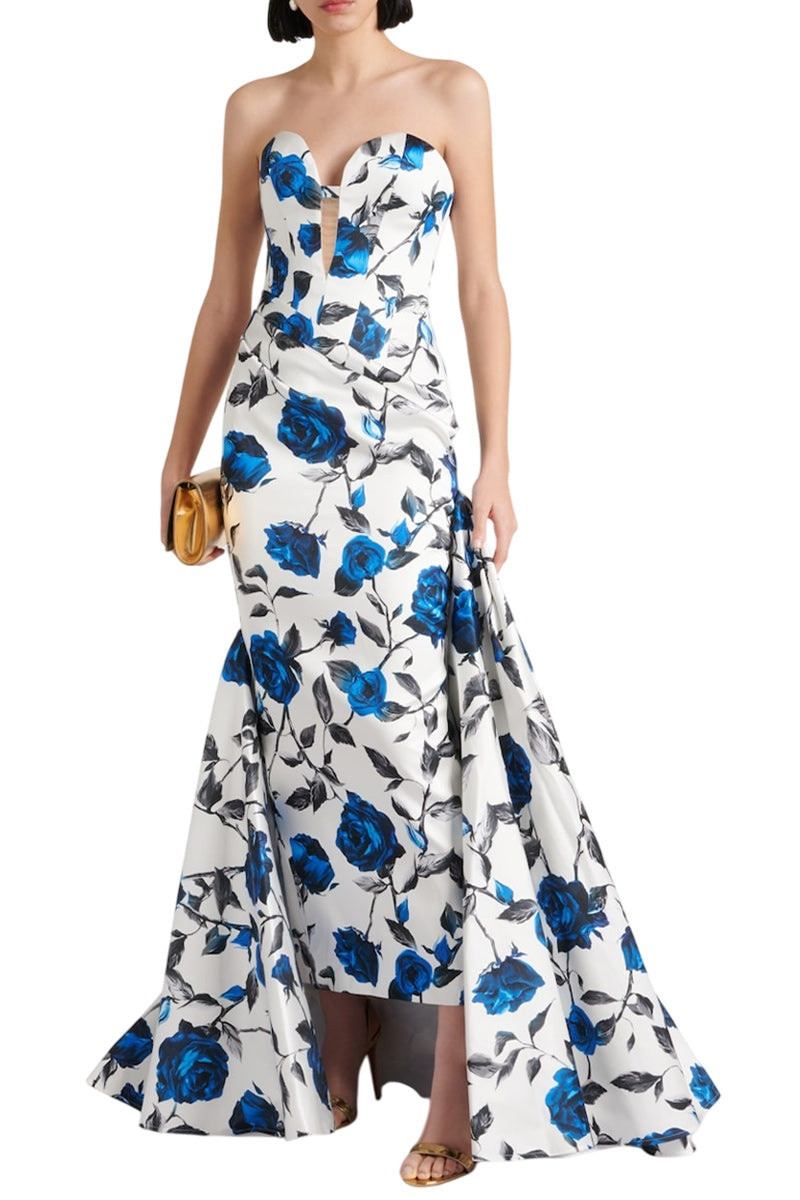 RASARIO DRAPED PRINTED SATIN MAXI GOWN WITH SIDE TRAIN outlook