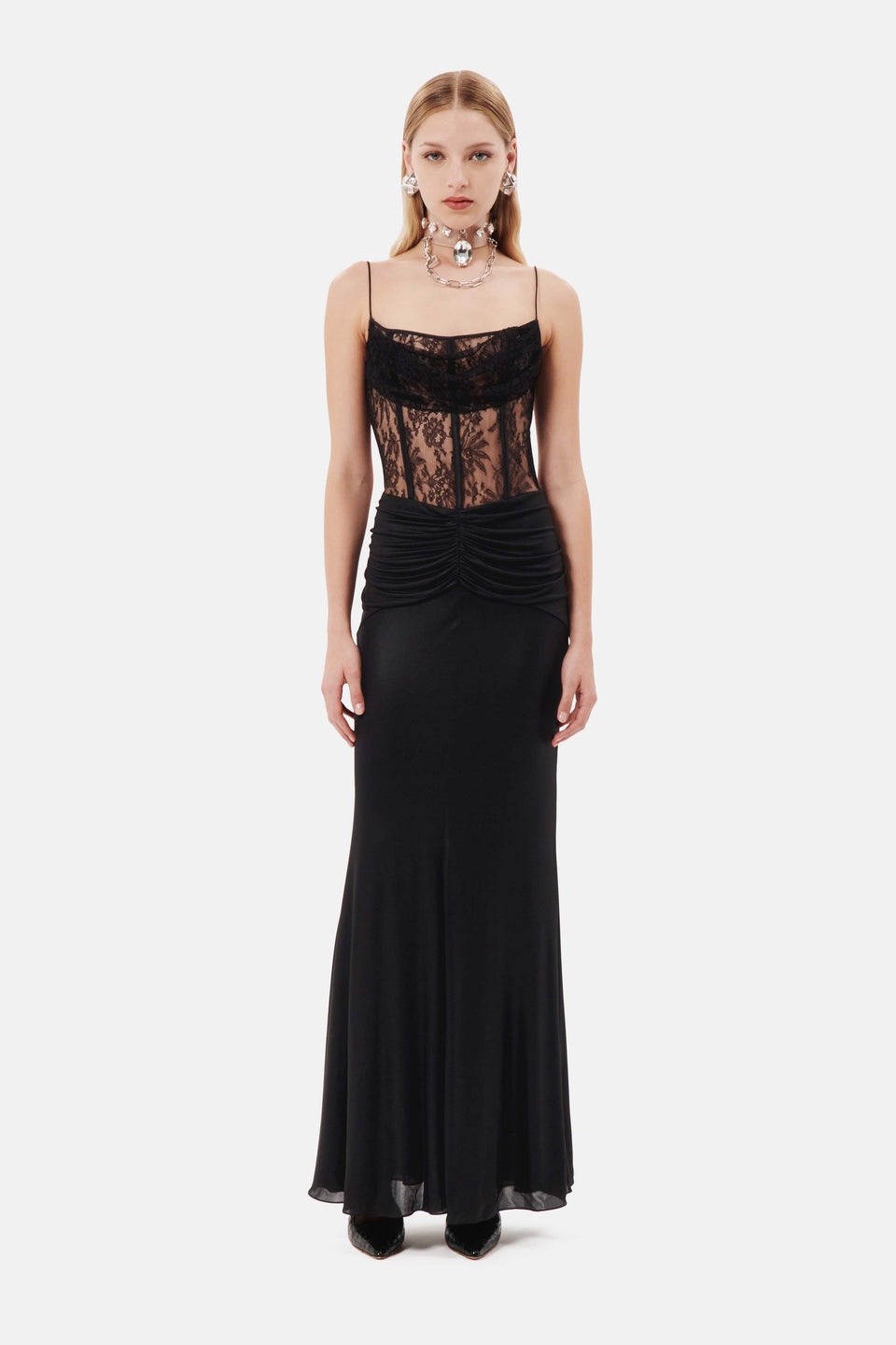 ワンピース ALESSANDRA RICH LAMINATED JERSEY AND LACE SLIP DRESS Alessandra Rich LAMINATED JERSEY EVENING SLIP DRESS WITH