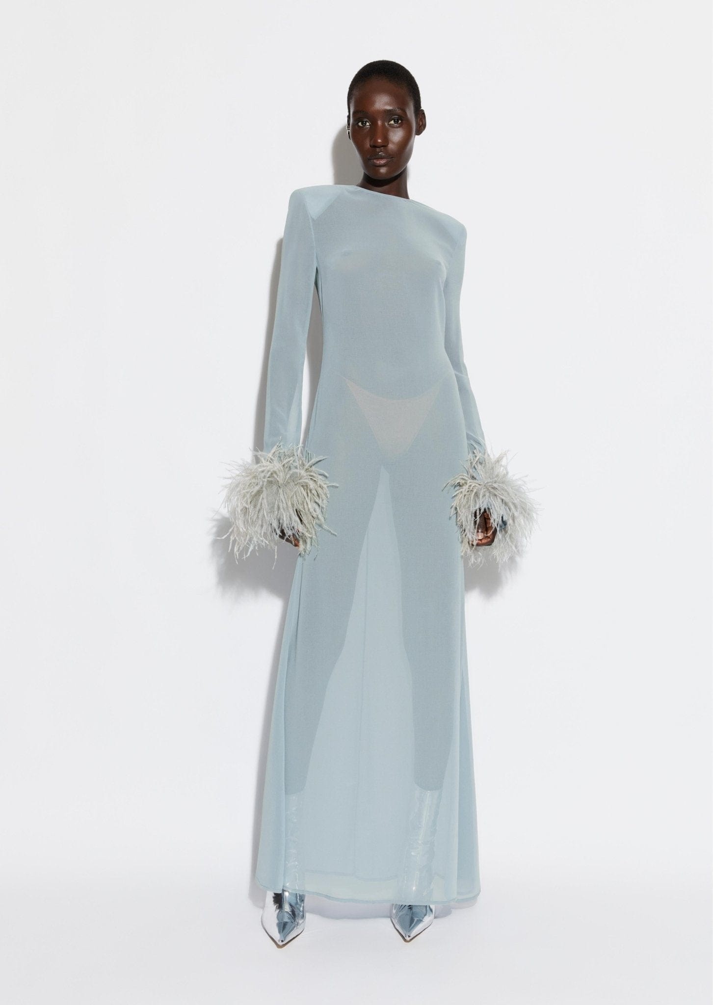 Georgette Flare Sleeve Dress With Feathers - 2