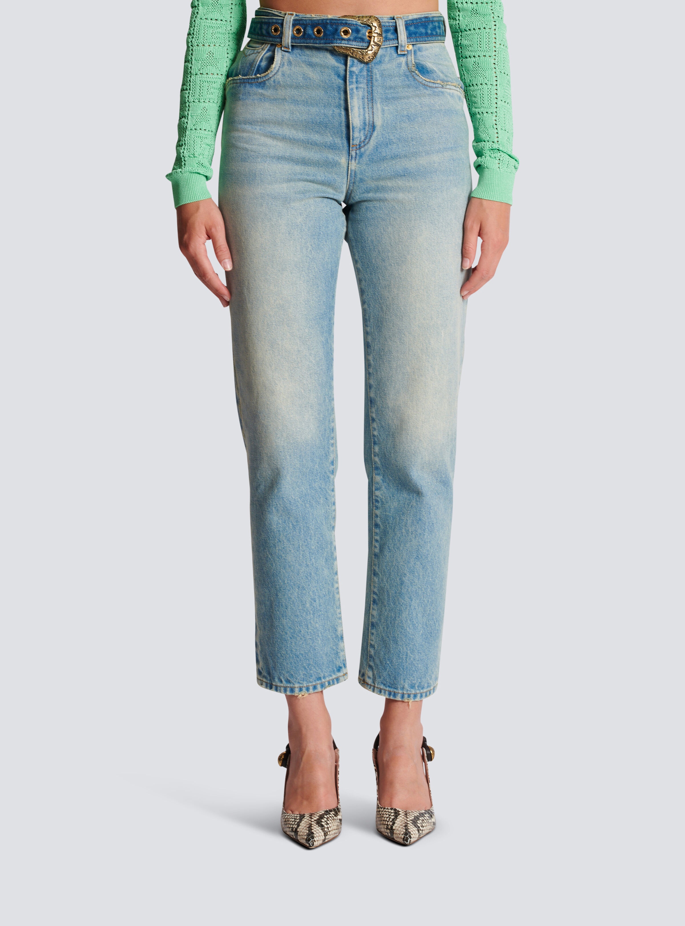 【関税込み】Balmain ブルー Classic Belted ジーンズ Balmain Classic belted jeans | REVERSIBLE