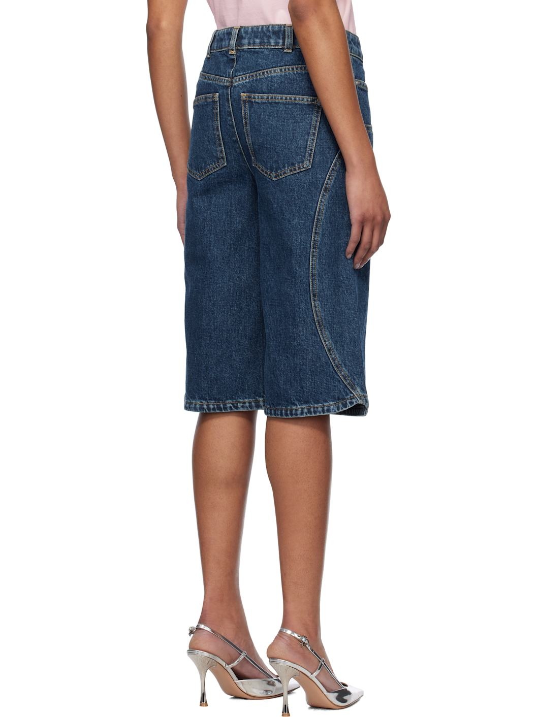 Blue Curved Side Denim Shorts - 3