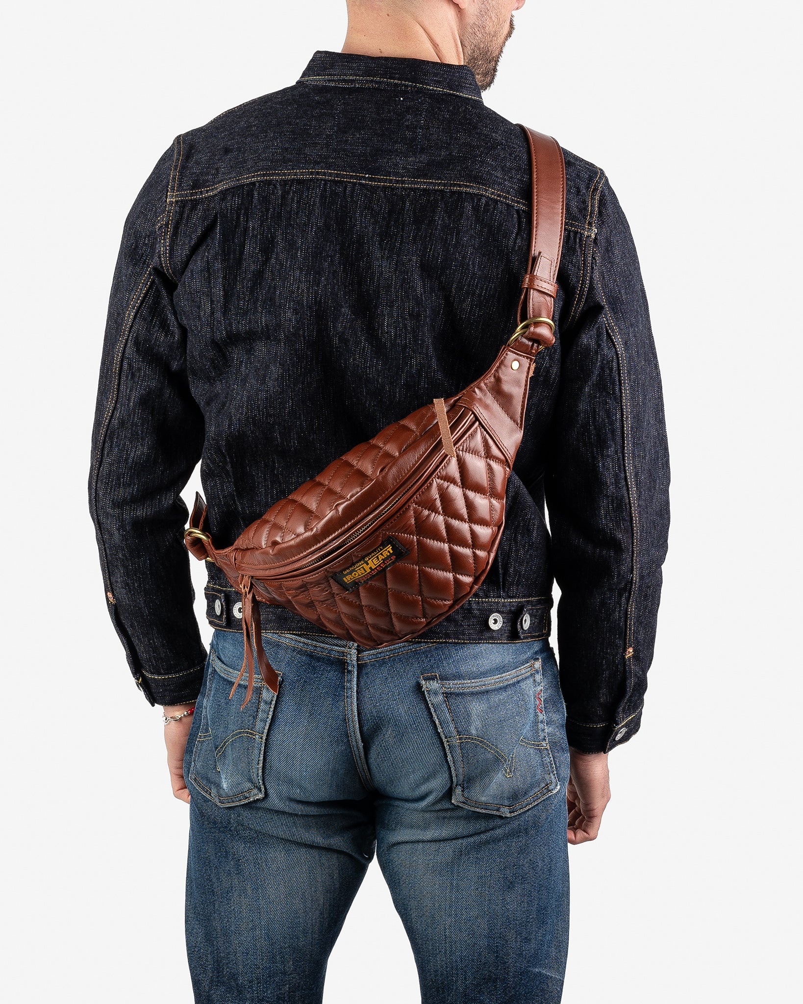 IHE-45-BRN Diamond Stitched Leather Waist Bag - Brown - 2