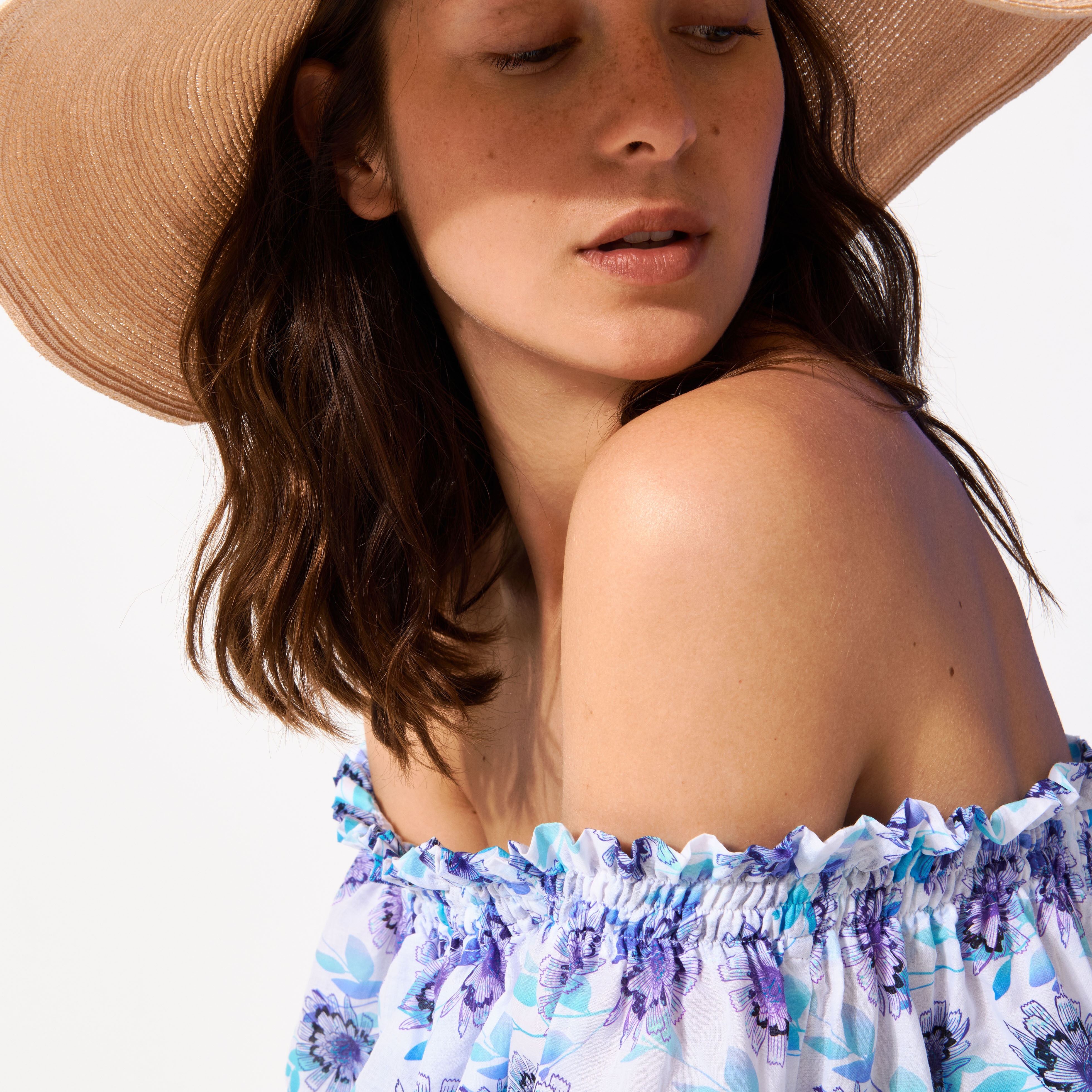 Women Long Off the Shoulders Cotton Dress Flash Flowers - 7