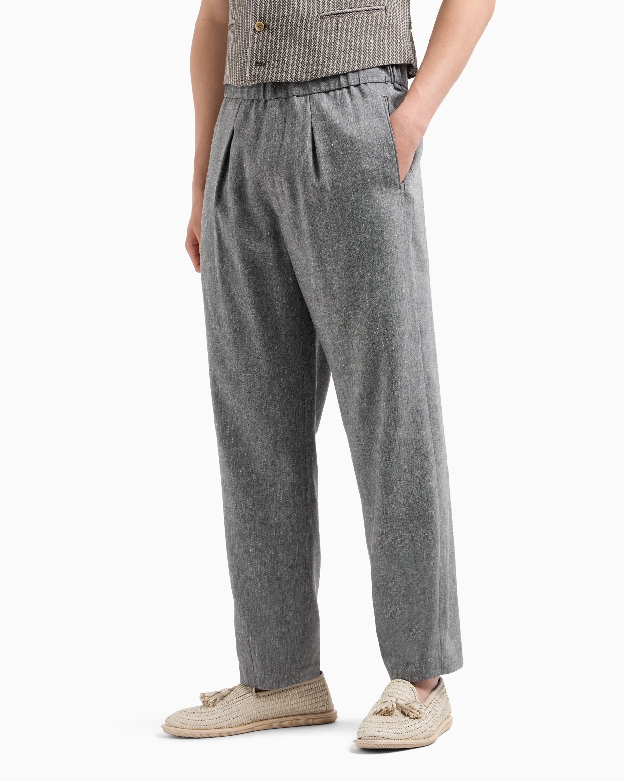 SINGLE-PLEAT, DENIM-EFFECT LINEN AND VIRGIN WOOL TROUSERS - 4