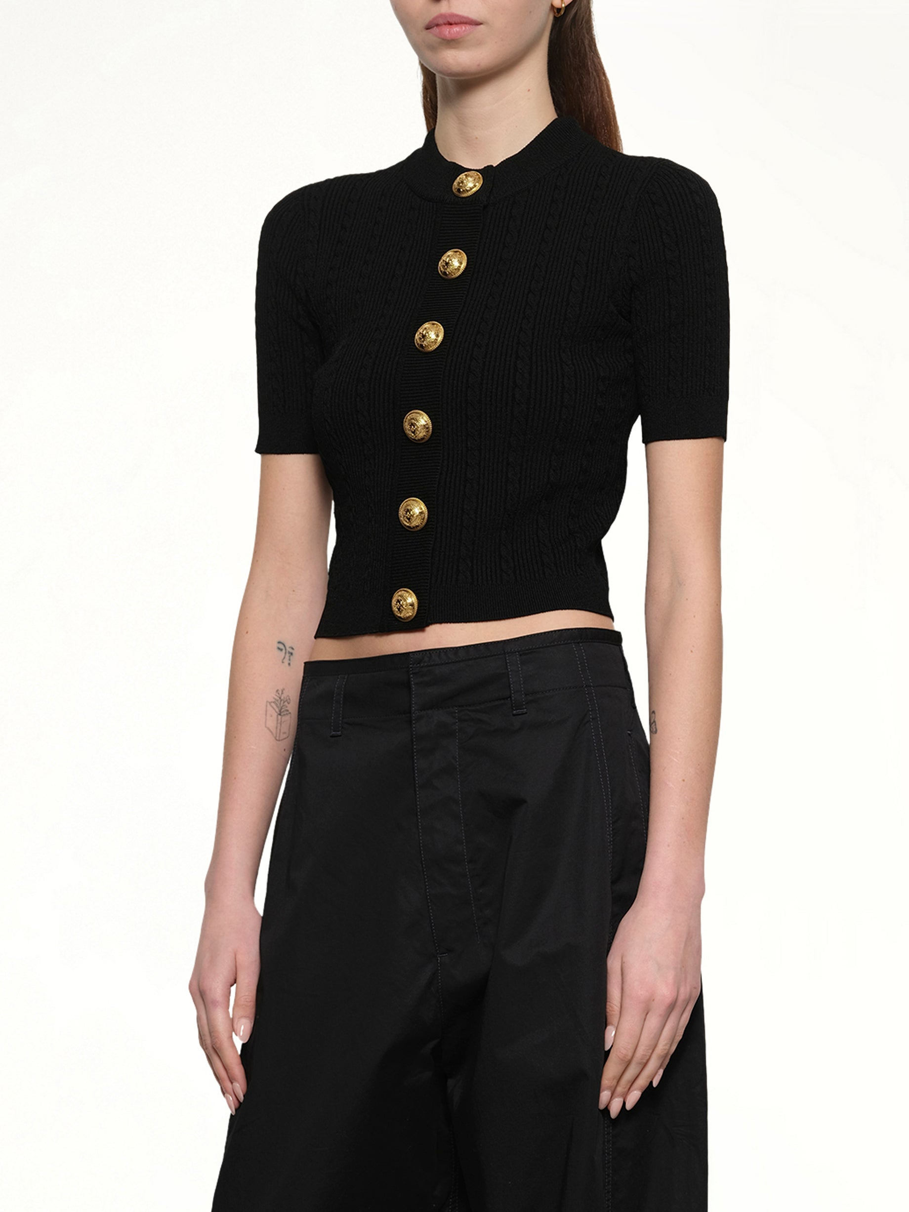 SS Buttoned Torsade Knit Cardigan in Black - 6