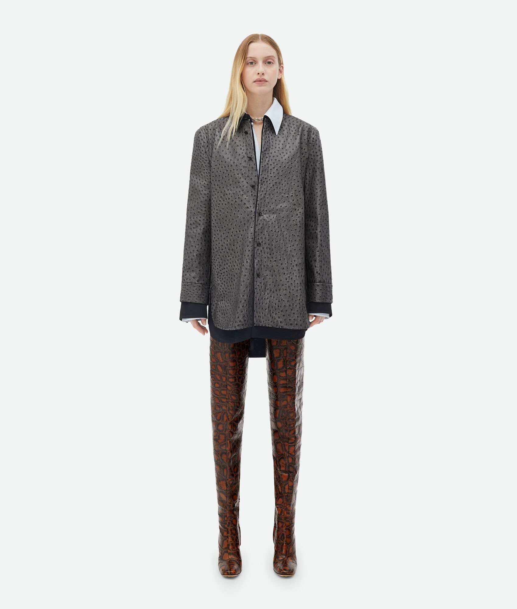 Ostrich-Effect Leather Double Shirt Dress - 4