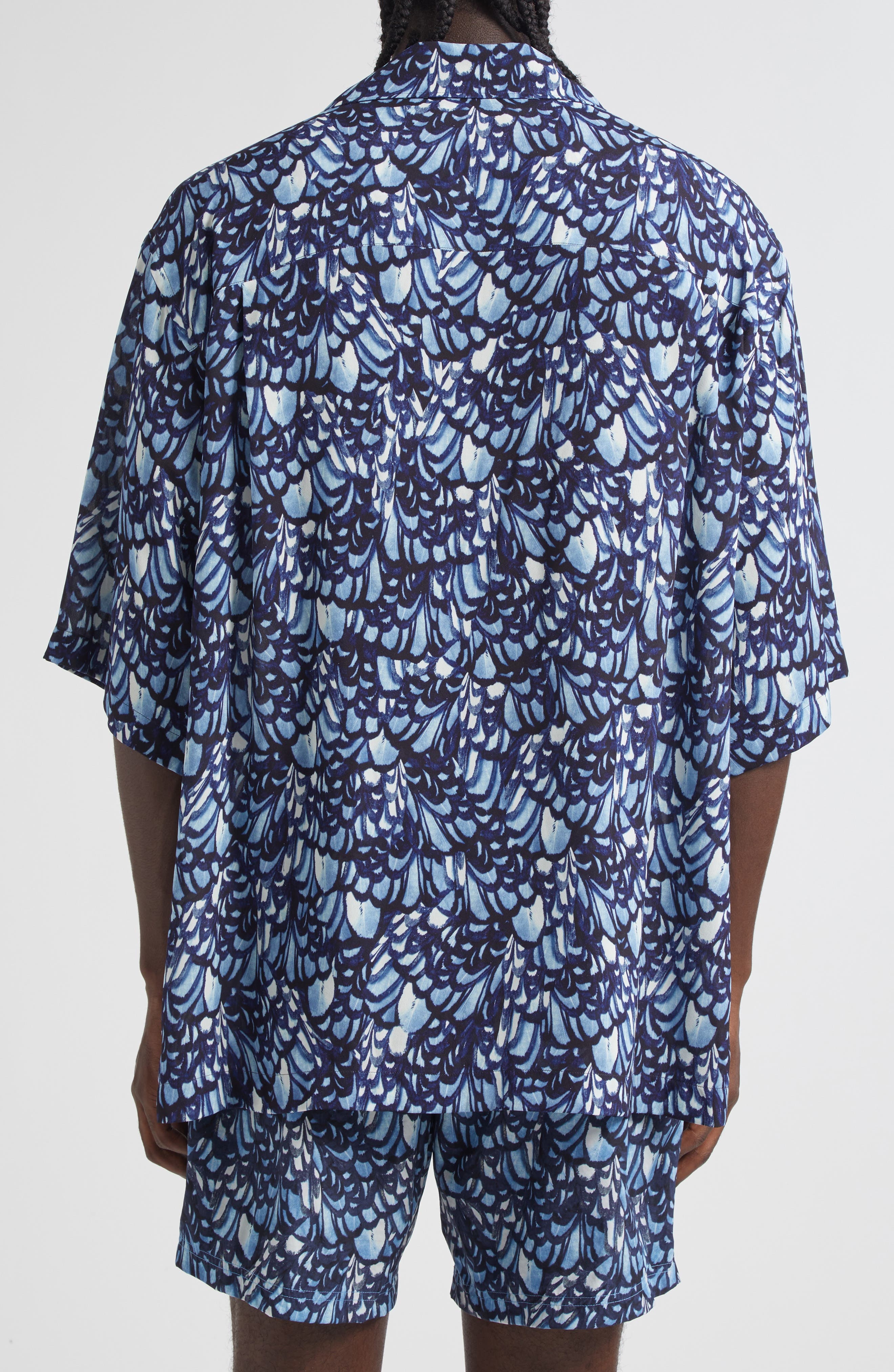 McQueen Feather Print Boxy Camp Shirt in Blue at Nordstrom - 2