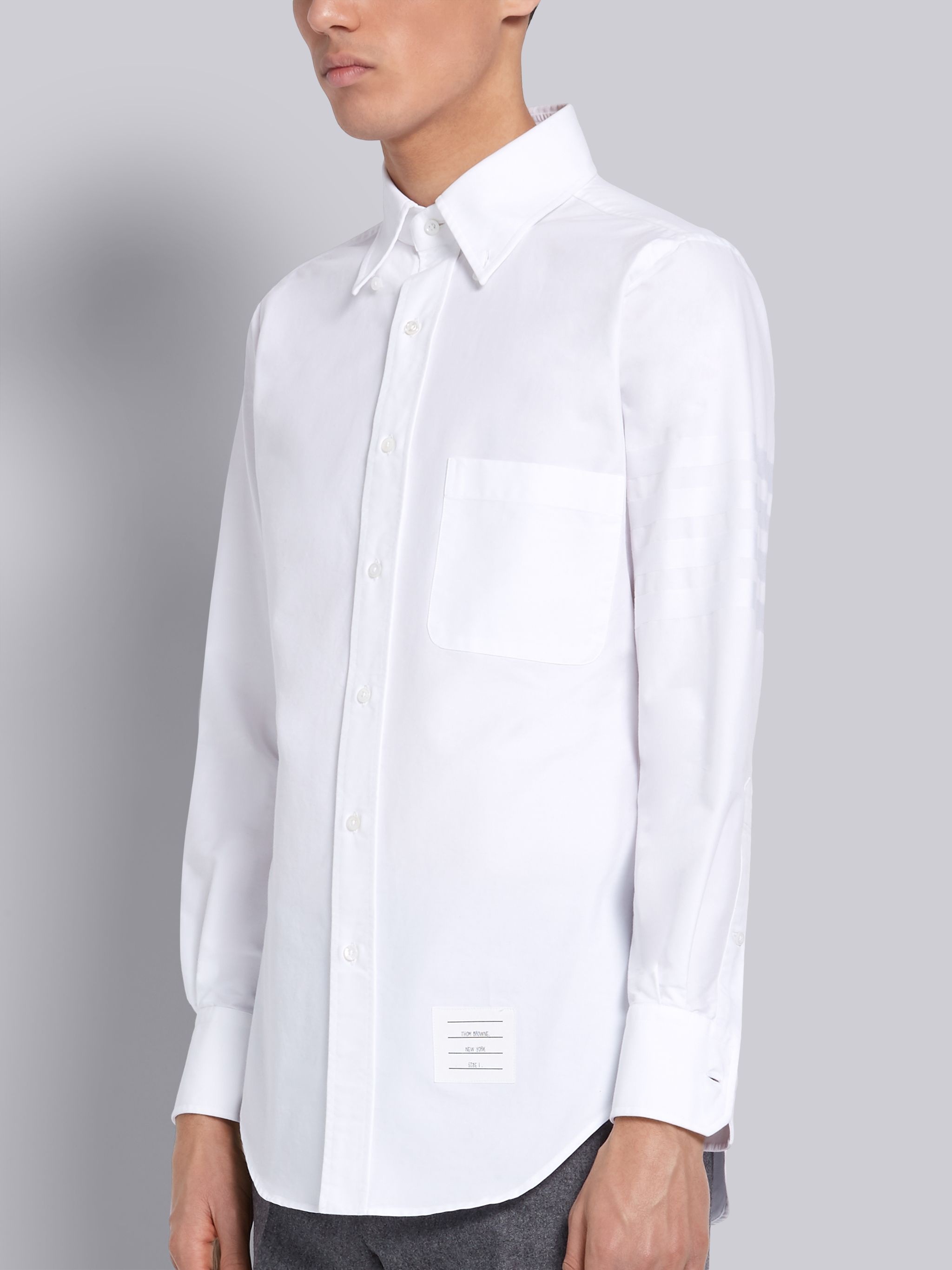 White Cotton Oxford Long Sleeve Satin Weave 4-Bar Shirt - 2