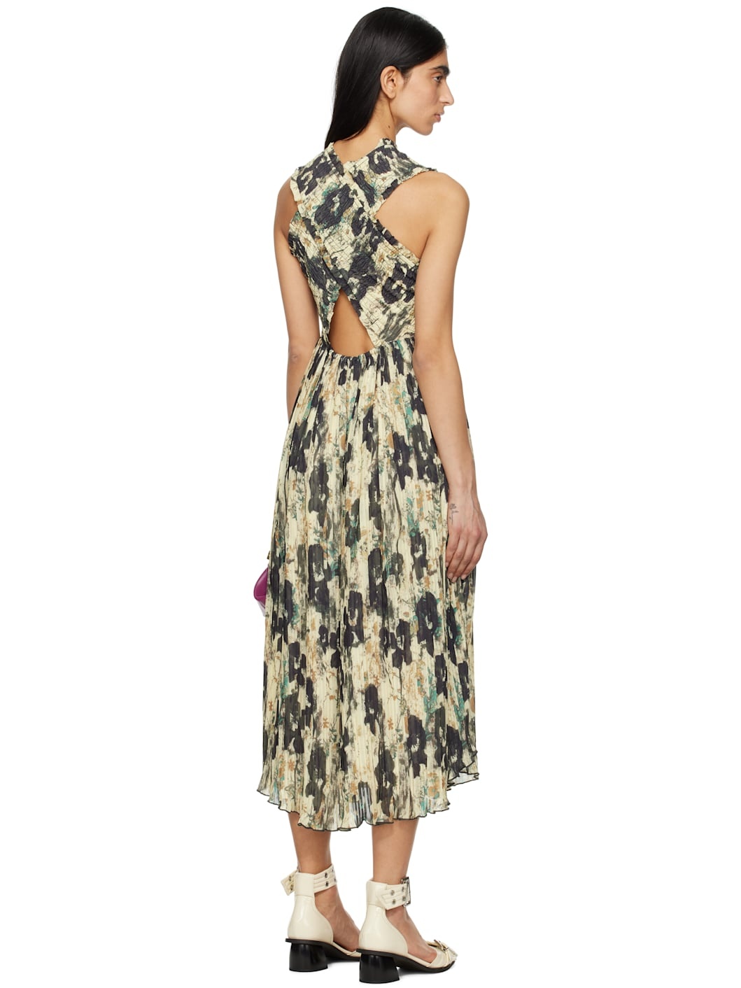 Beige & Black Printed Pleats Smock Straps Midi Dress - 3