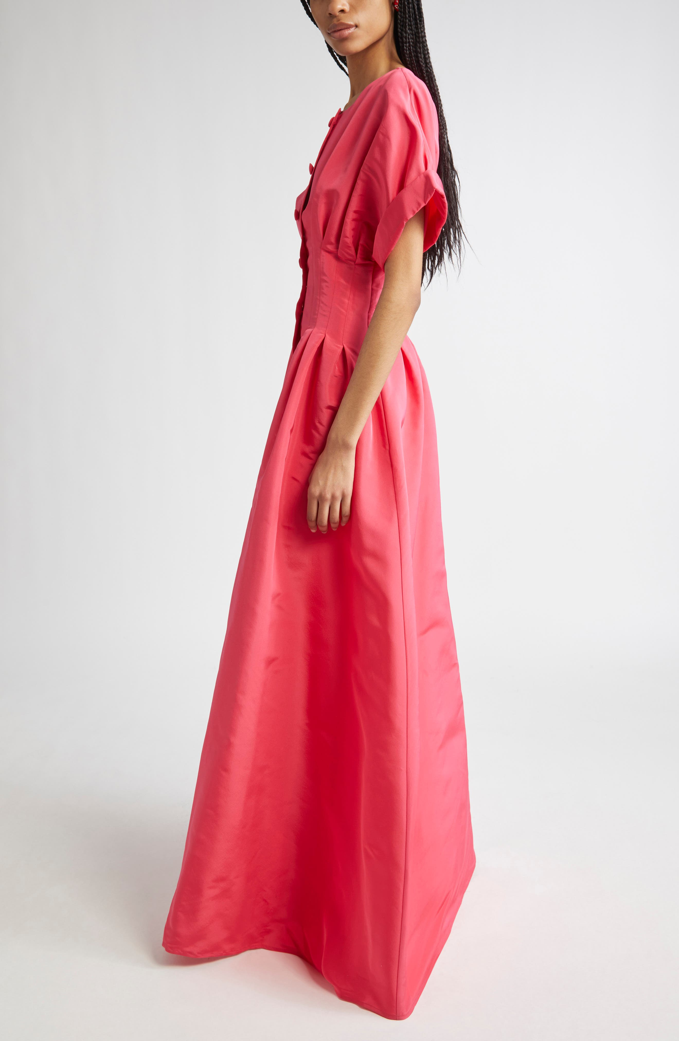 Carolina Herrera Cuffed Short Sleeve Button Front Silk Faille Gown in Azalea at Nordstrom - 3