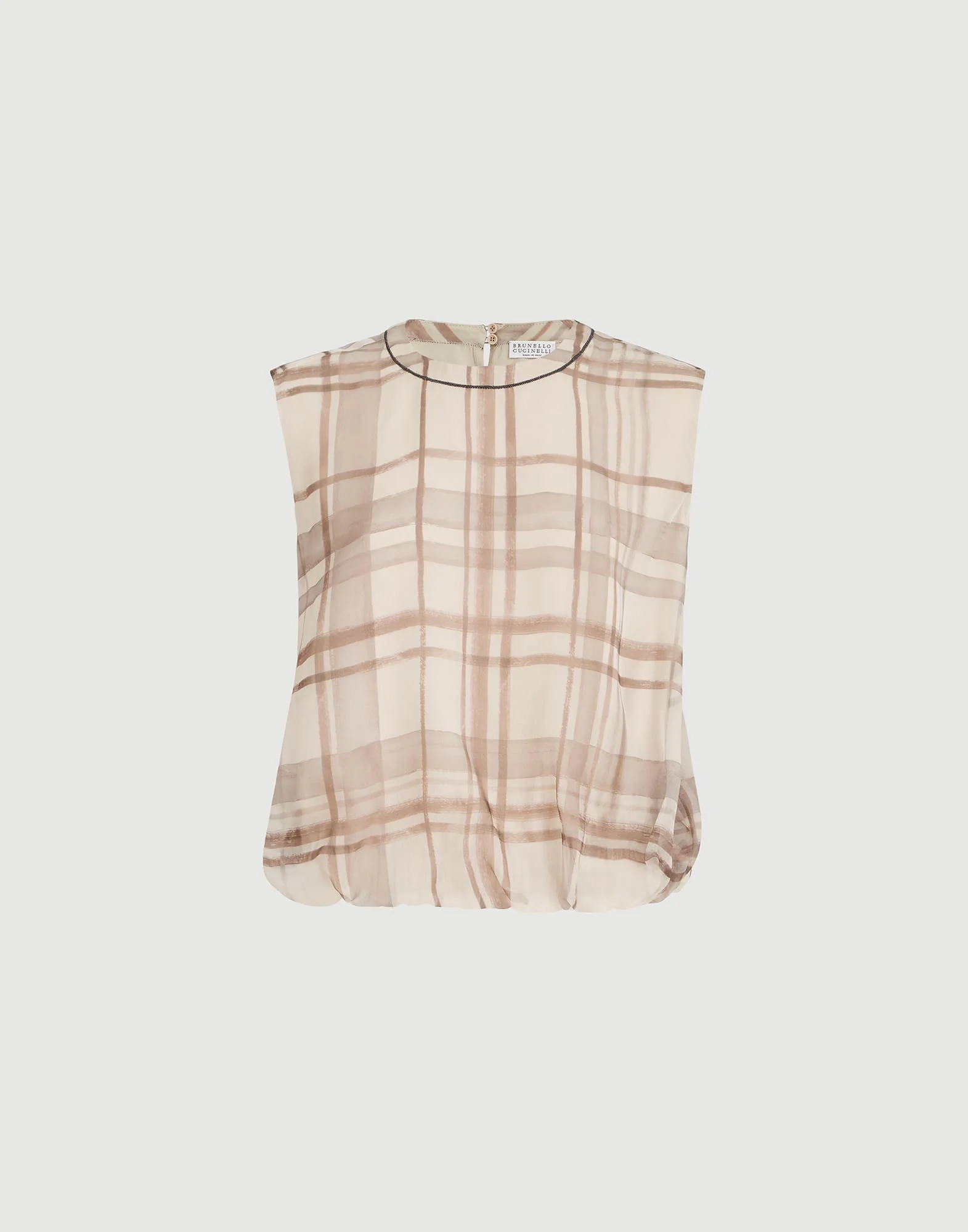 Silk organza t-shirt in macrocheck print with shiny neck detail - 1