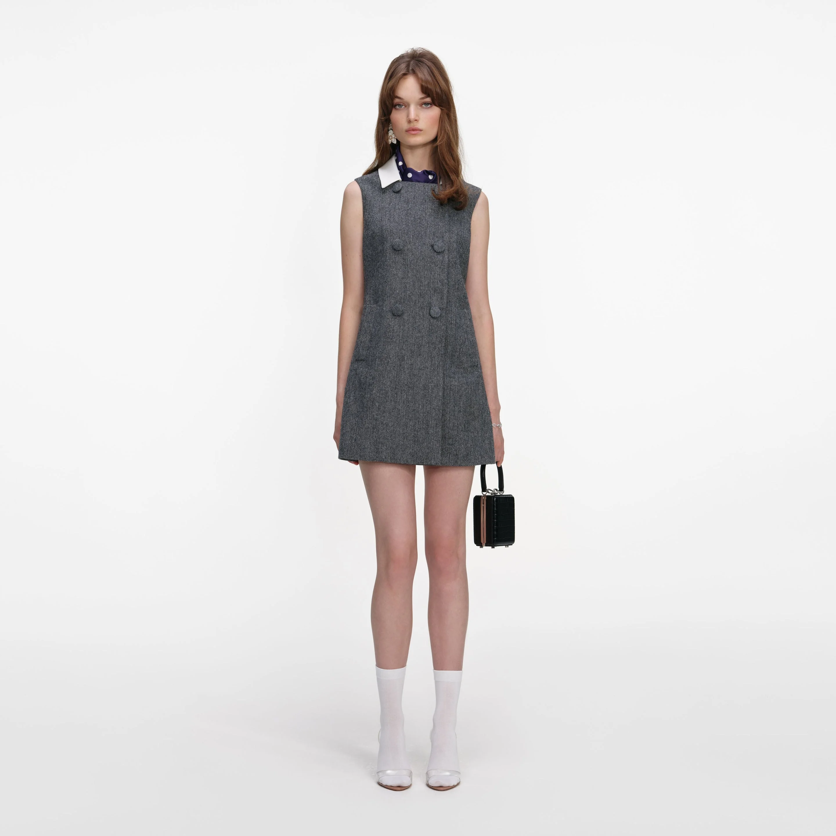 Grey Herringbone Scarf Detail Mini Dress - 1
