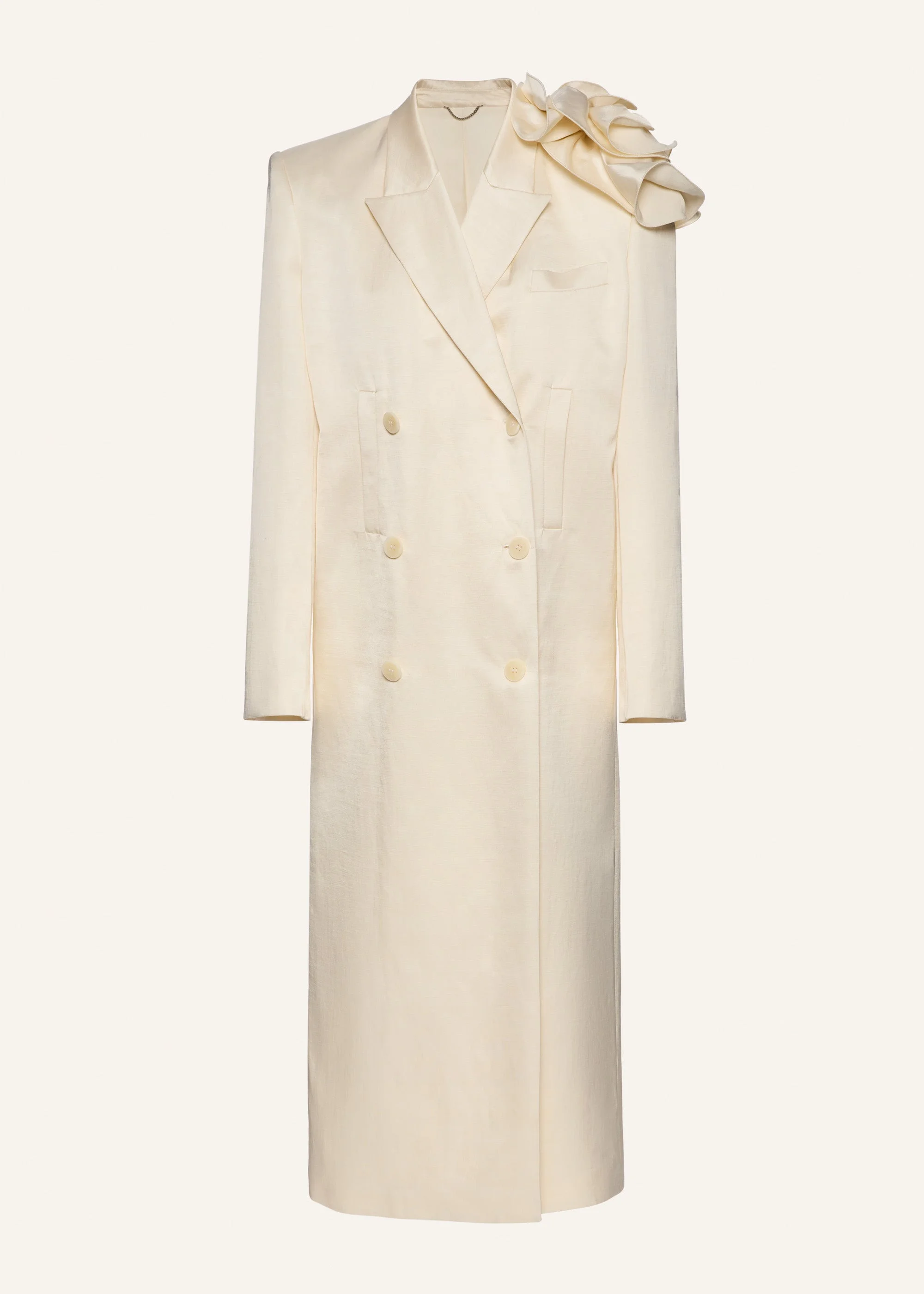 Double breasted flower appliqué coat in cream - 1