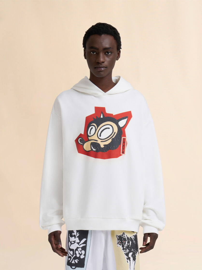 WHITE COTTON HOODIE WITH WOLF PRINT - 2