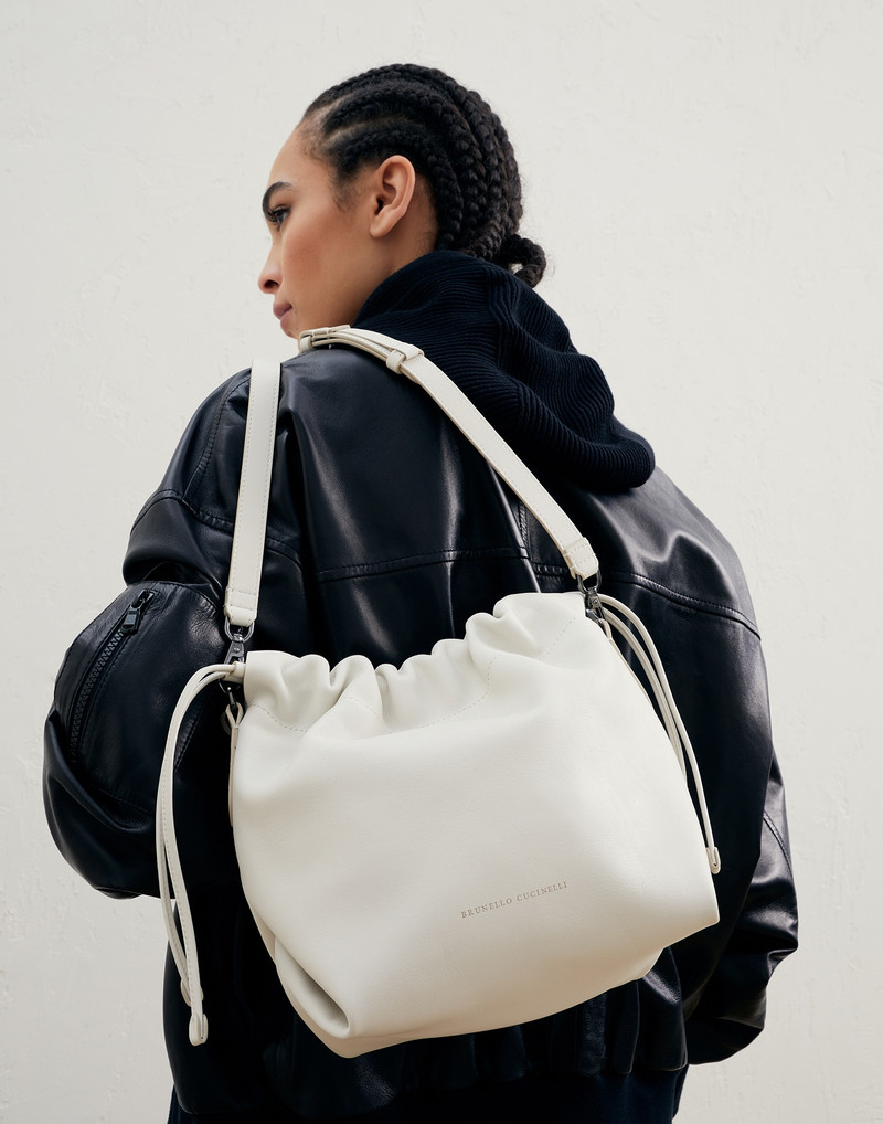 Brunello Cucinelli Matte calfskin bucket bag with shiny handle outlook