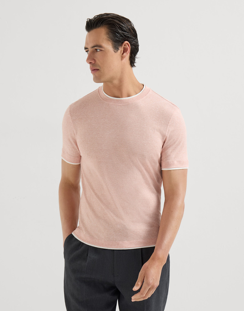 Linen and cotton jersey crew neck T-shirt with faux-layering 2