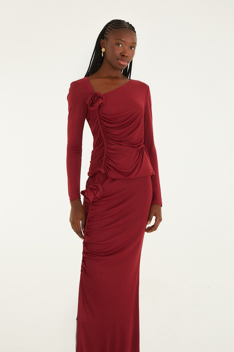 Burgundy 3D Flower Draped Side Slit Maxi Skirt 4