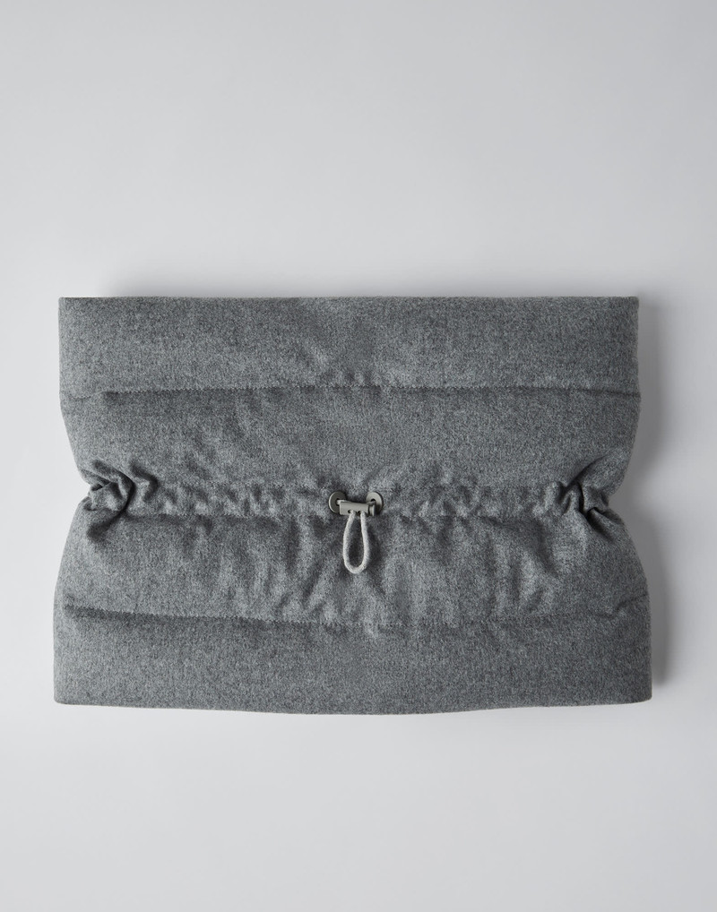 Bonded wool flannel neck warmer with down padding, zipper and shiny trim 1