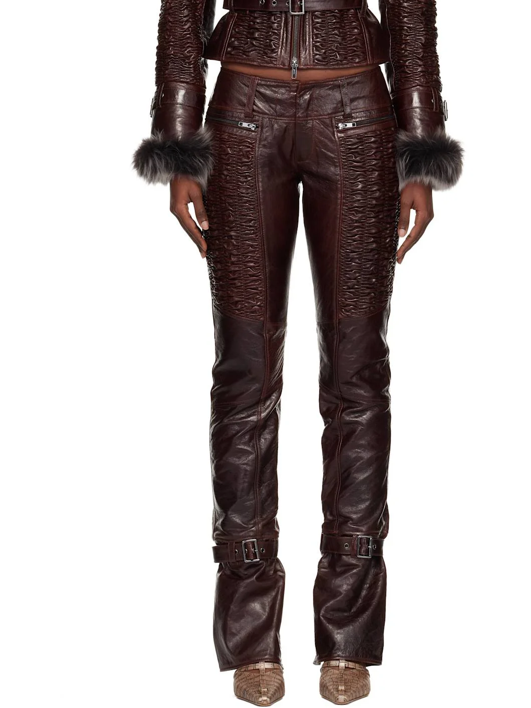 Brown Smocked Straight Leg Leather Trousers - 1