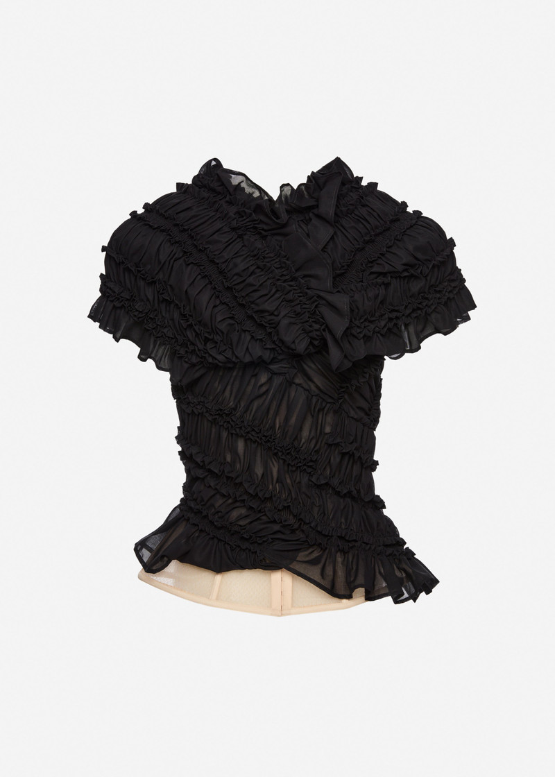 Ruched cotton short sleeve blouse in black 2