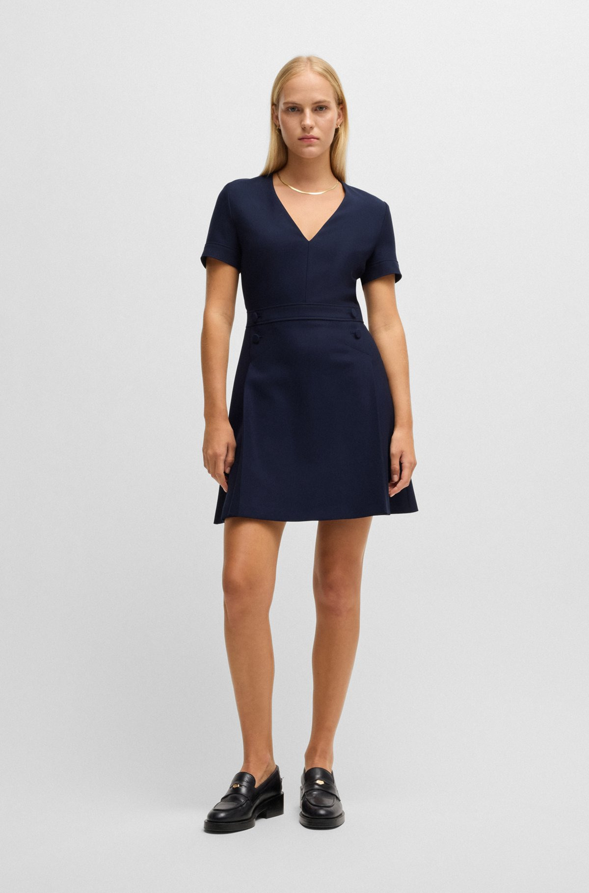 V-NECK BODYCON BUSINESS DRESS WITH TONE-ON-TONE BUTTONS - 3