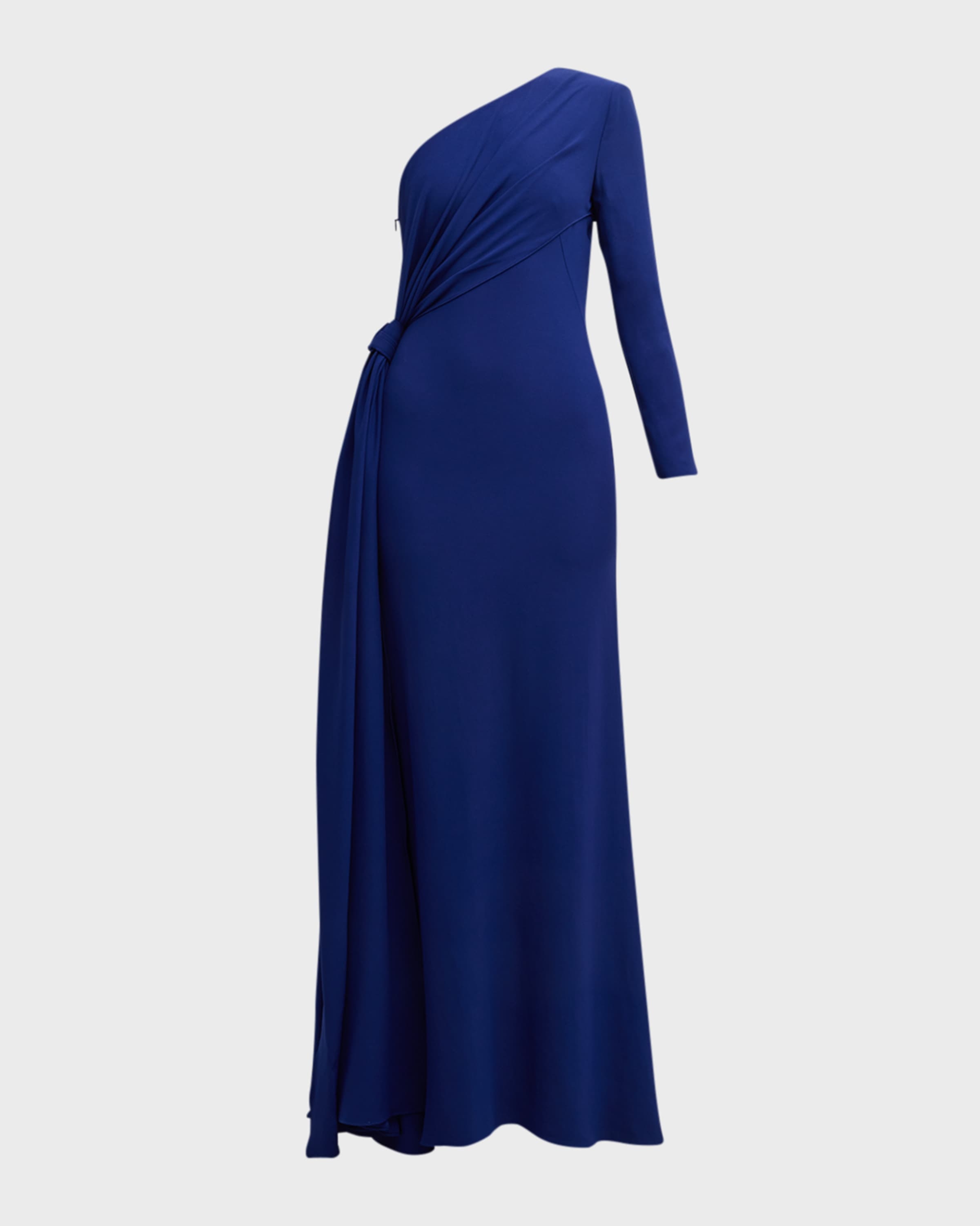 Crepe One-Shoulder Gown with Draped Detail - 1