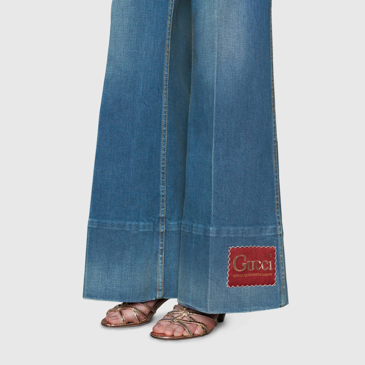 Washed denim flare pant with Gucci label - 7