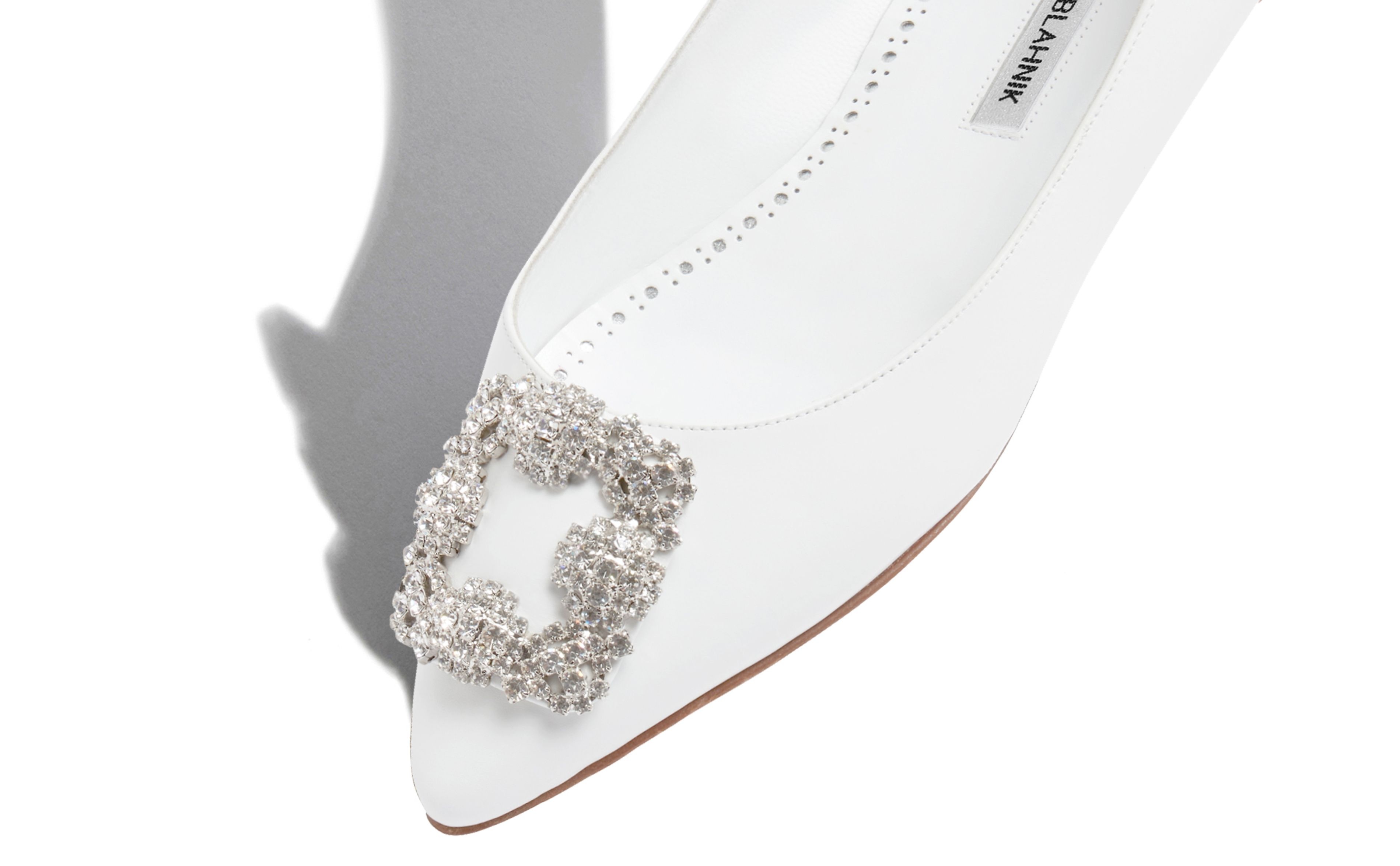 White Calf Leather Jewel Buckle Flat Shoes - 4