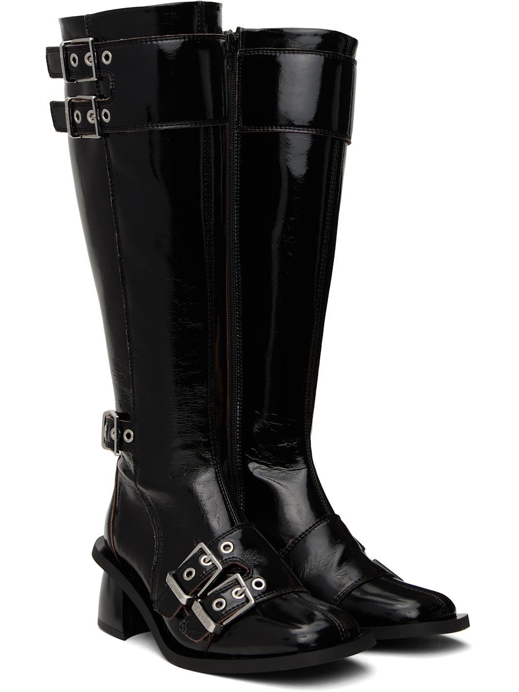 Black Feminine Buckle High Tall Boots - 4