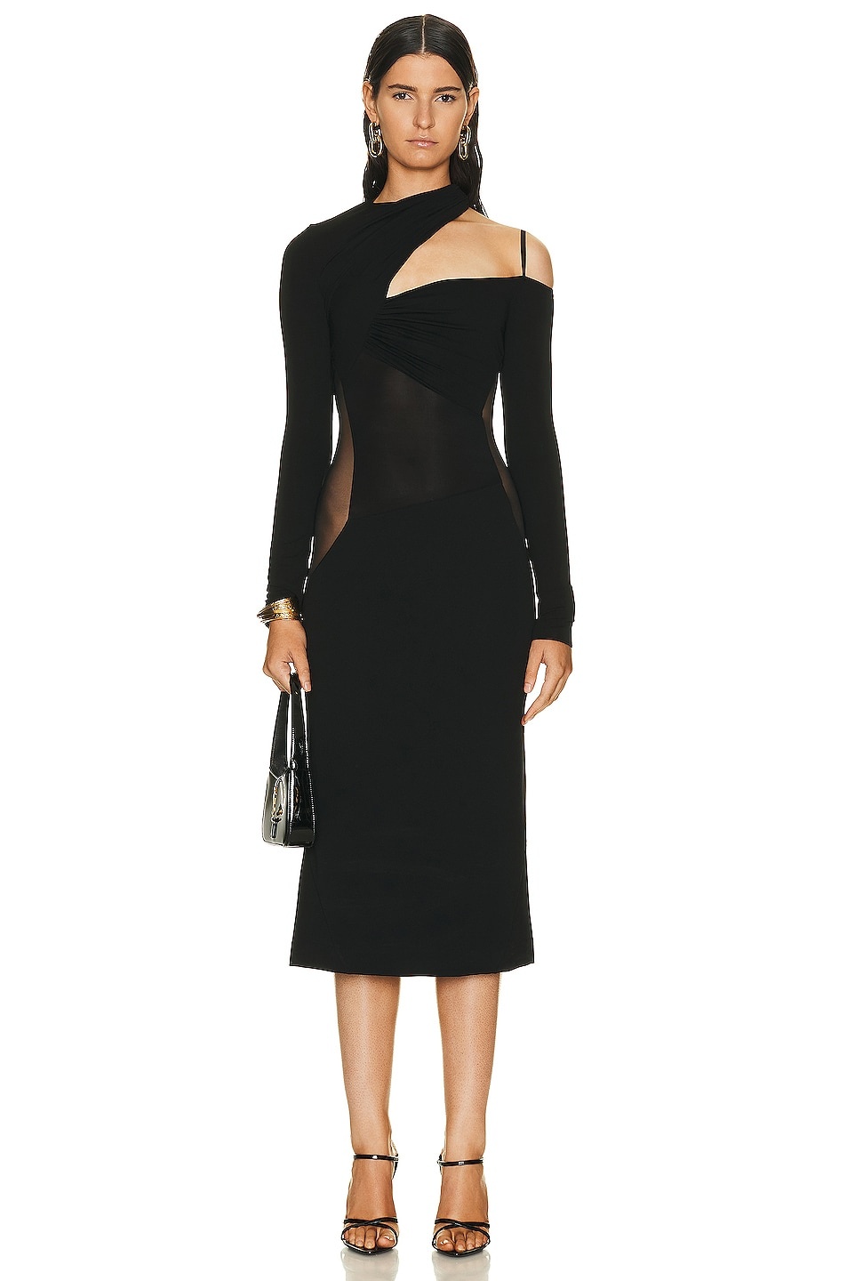 Gathered Asymmetrical Long Sleeve Midi Dress - 1