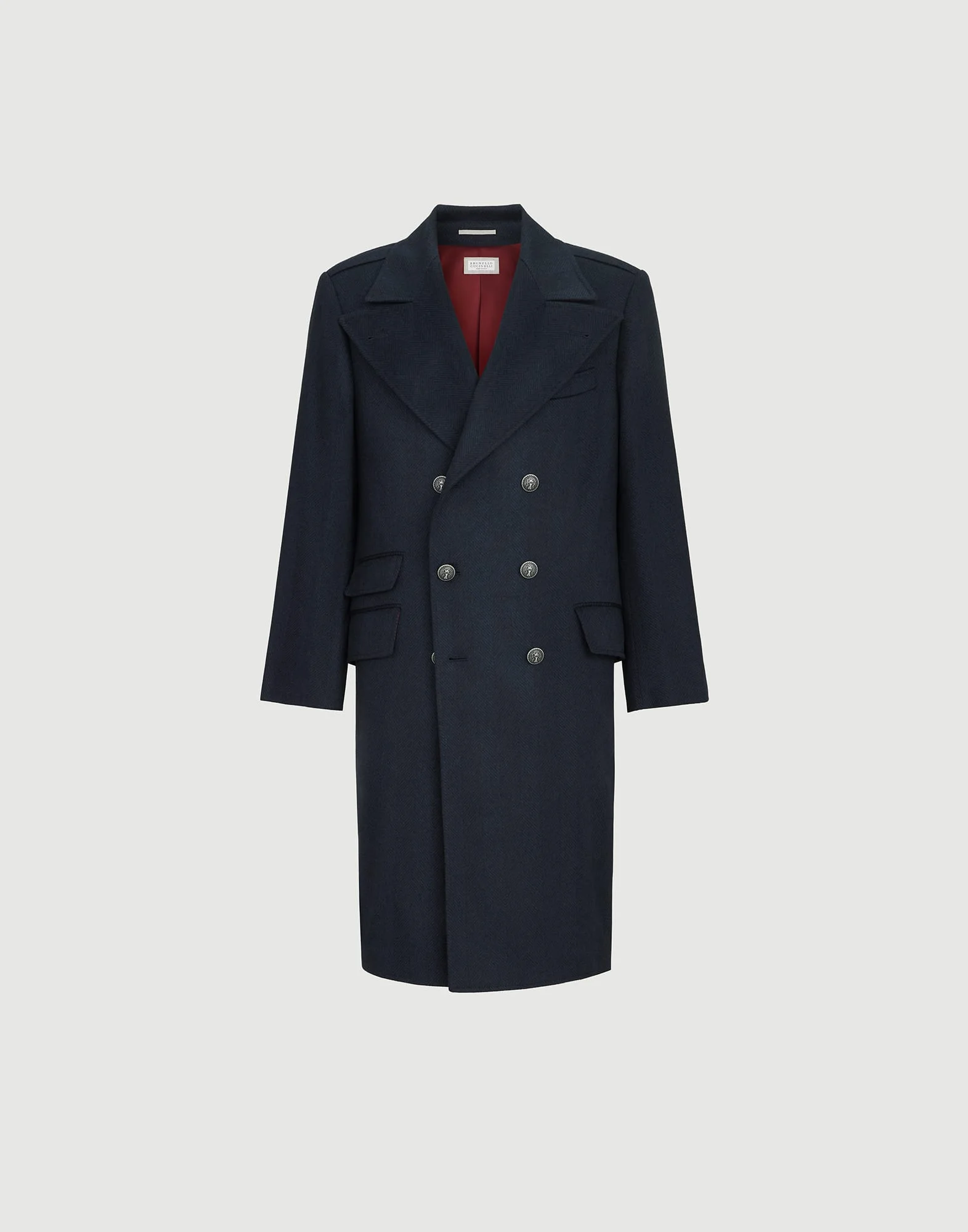 Cashmere chevron flannel one-and-a half breasted coat with peak lapels and metal buttons - 1