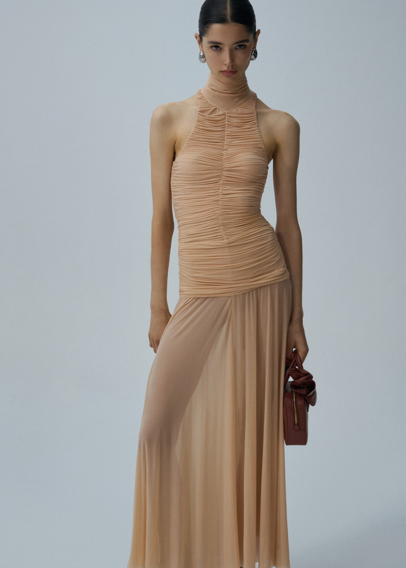 MAGDA BUTRYM Ruched high neck midi dress in beige outlook