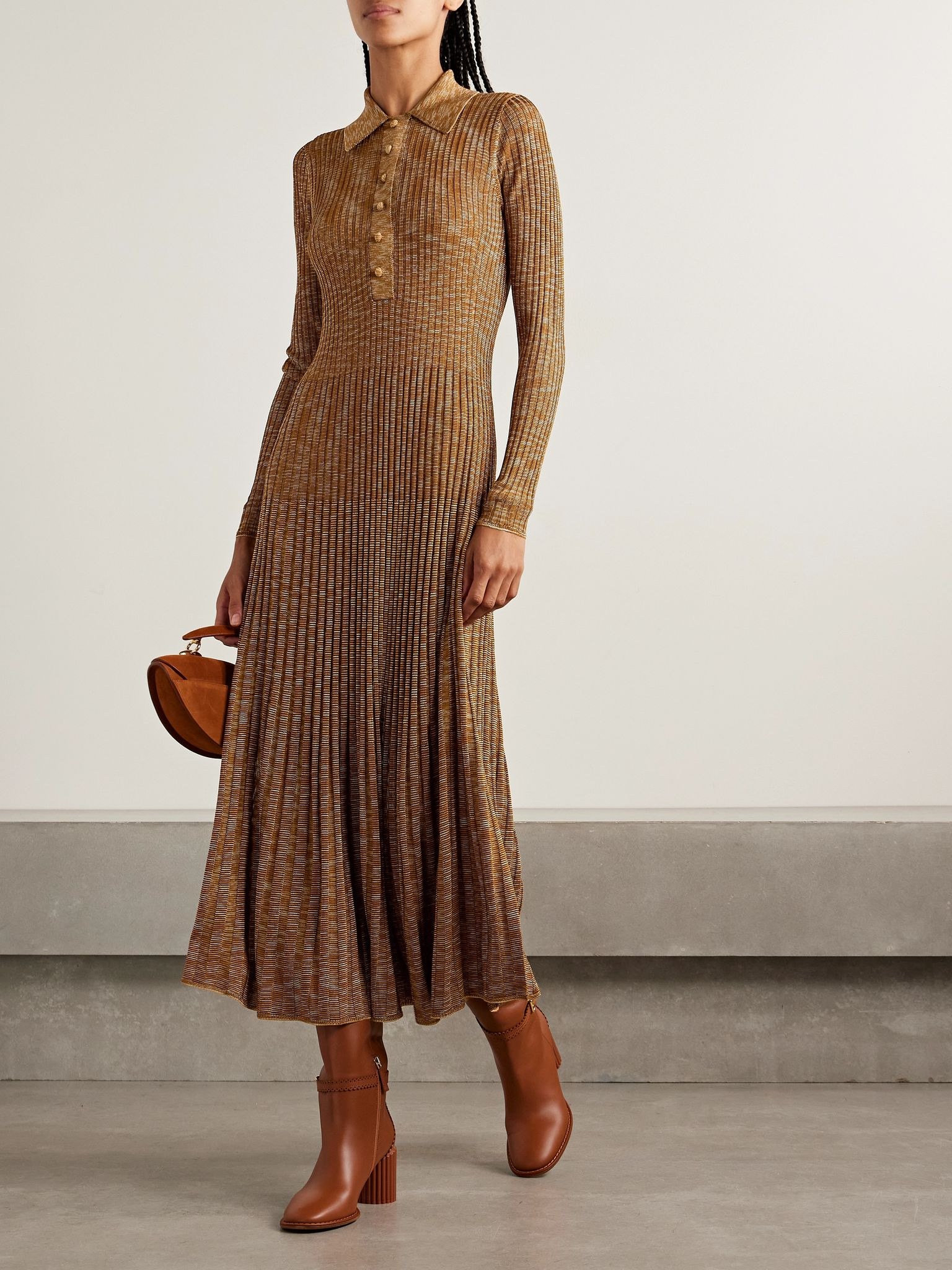 Mouline pleated knitted midi dress Chocolate - 2